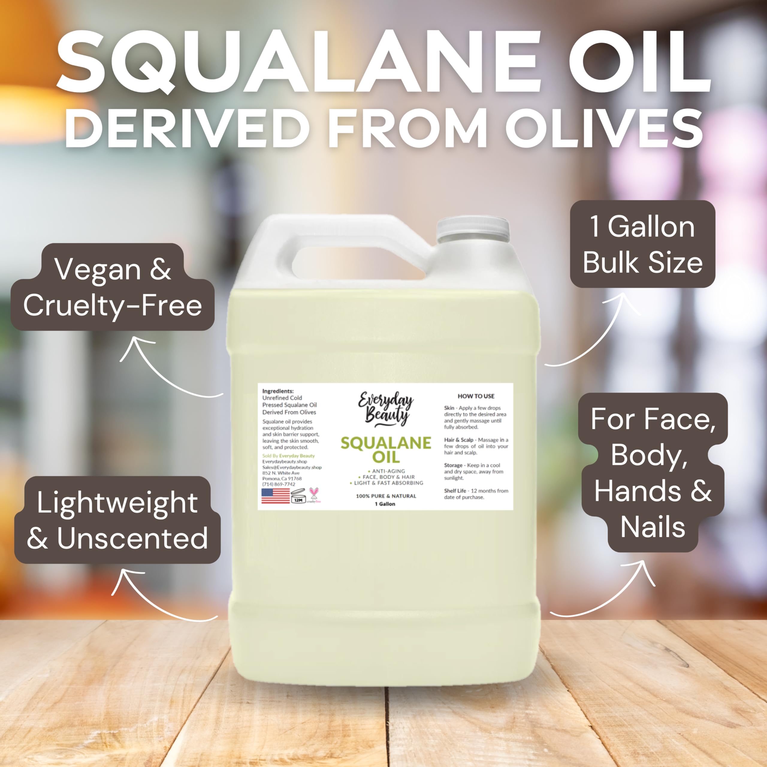 Pure Plant-Derived Squalane Oil - 1 Gallon Bulk Size, 100% Natural, Cold Pressed & Unrefined for Skin & Hair Care - Premium Moisturizing Oil for Face, Body, Scalp & DIY Beauty Products - Hydrates Dry Skin & Strengthens Hair Naturally
