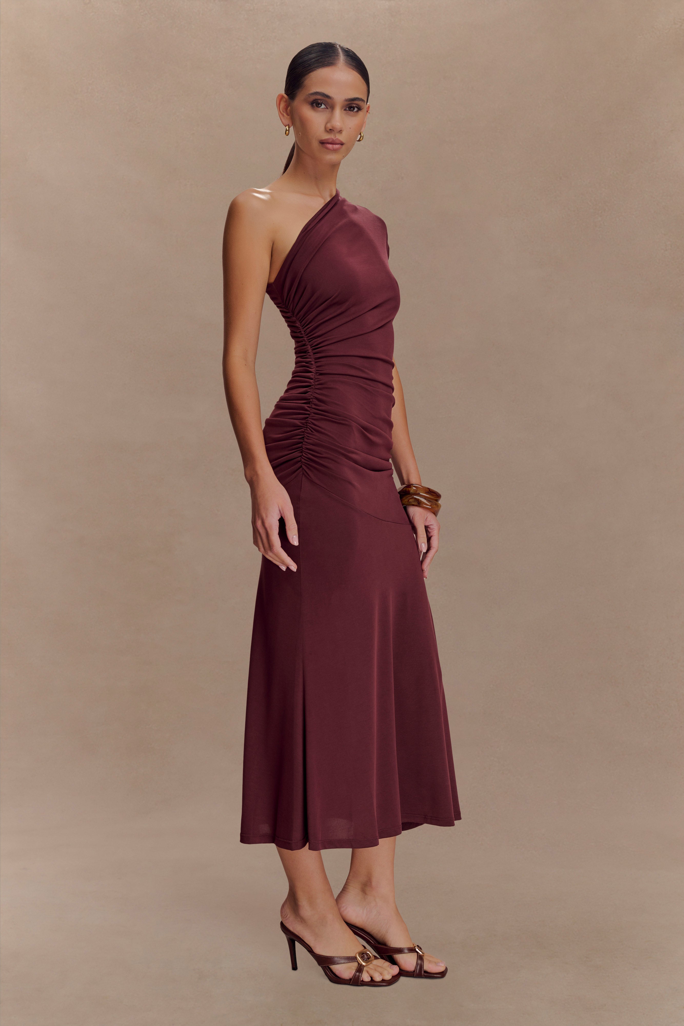 Chloe Peached Jersey One Shoulder Midi Dress in Mahogany - Elegant Women's Party & Evening Wear for Special Occasions