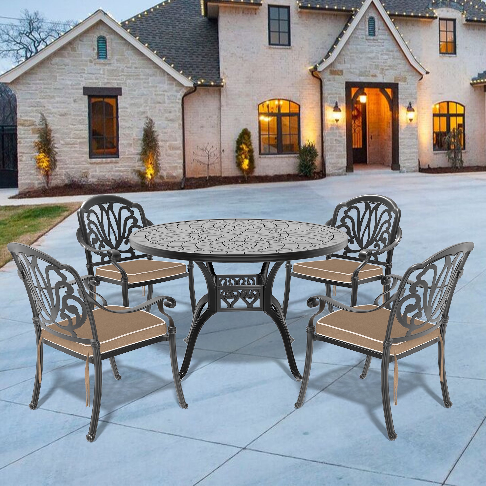 5-Piece Cast Aluminum Patio Furniture Set with Cushions - Outdoor Dining & Lounge Set for Garden, Poolside, and Backyard Relaxation