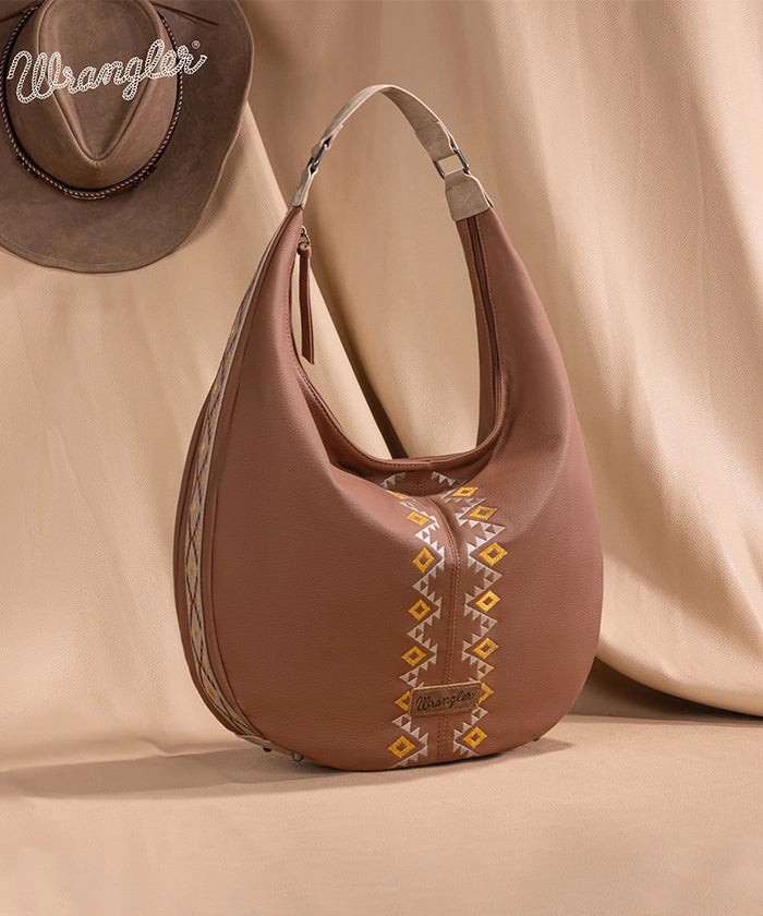 Wrangler Aztec Embroidered Wide Hobo Bag for Women - Stylish Boho Shoulder Purse with Tribal Pattern - Perfect for Casual Outings, Music Festivals & Travel Accessories