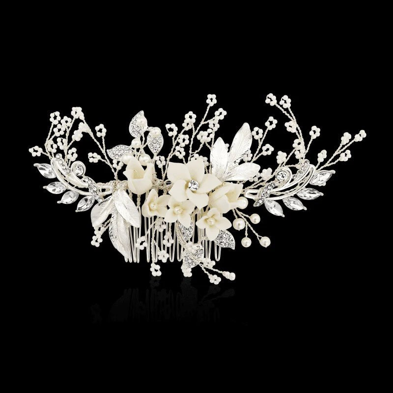 Elegant Silver Floral Wedding Hair Comb with Crystal & Pearls - Perfect for Brides, Prom, and Formal Occasions - A1940