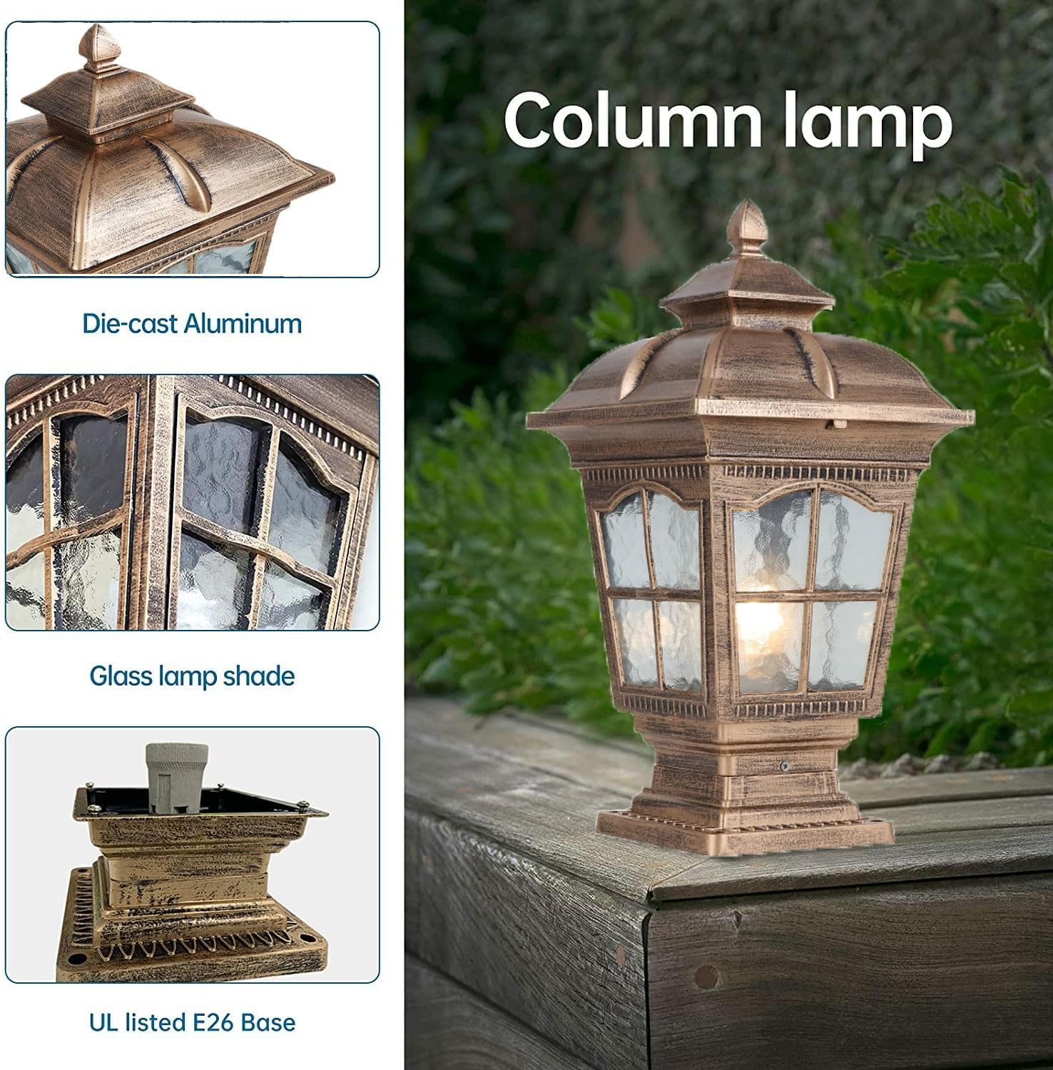 Outdoor Column Lights - Waterproof & Rustproof Aluminum Post Lamp with E26 Base & Glass Shade for Garage, Pavilion, Courtyard Lighting | Perfect for Pathway, Garden, Patio, and Driveway Illumination