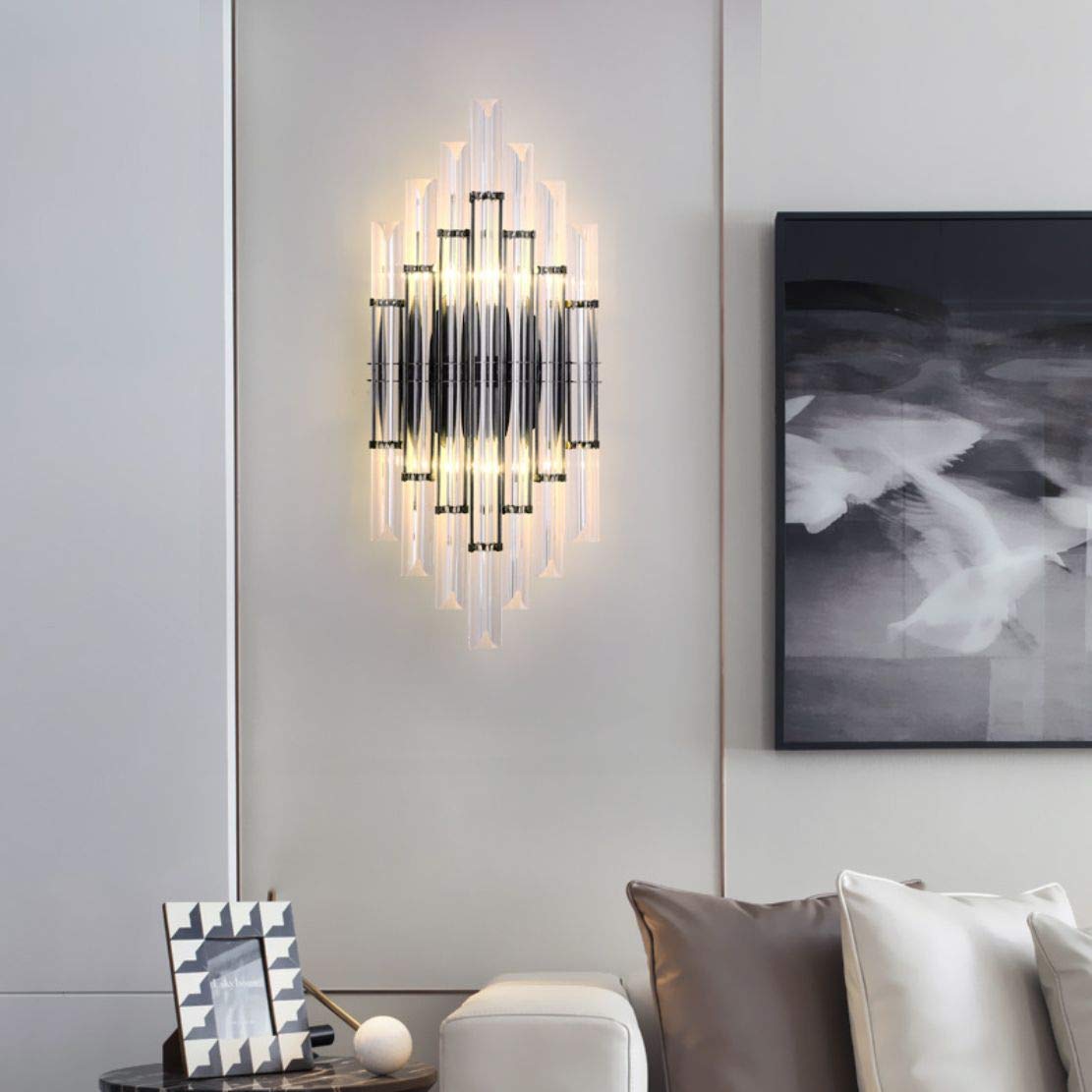 Modern Crystal Wall Sconce Lighting - Mid-Century Elegant Metal Wall Mount Light Fixture with Clear Crystal Mirror - Perfect for Bedroom, Living Room & Dining Room Décor (Black) | Energy Efficient LED Wall Light for Home & Office Interior Design