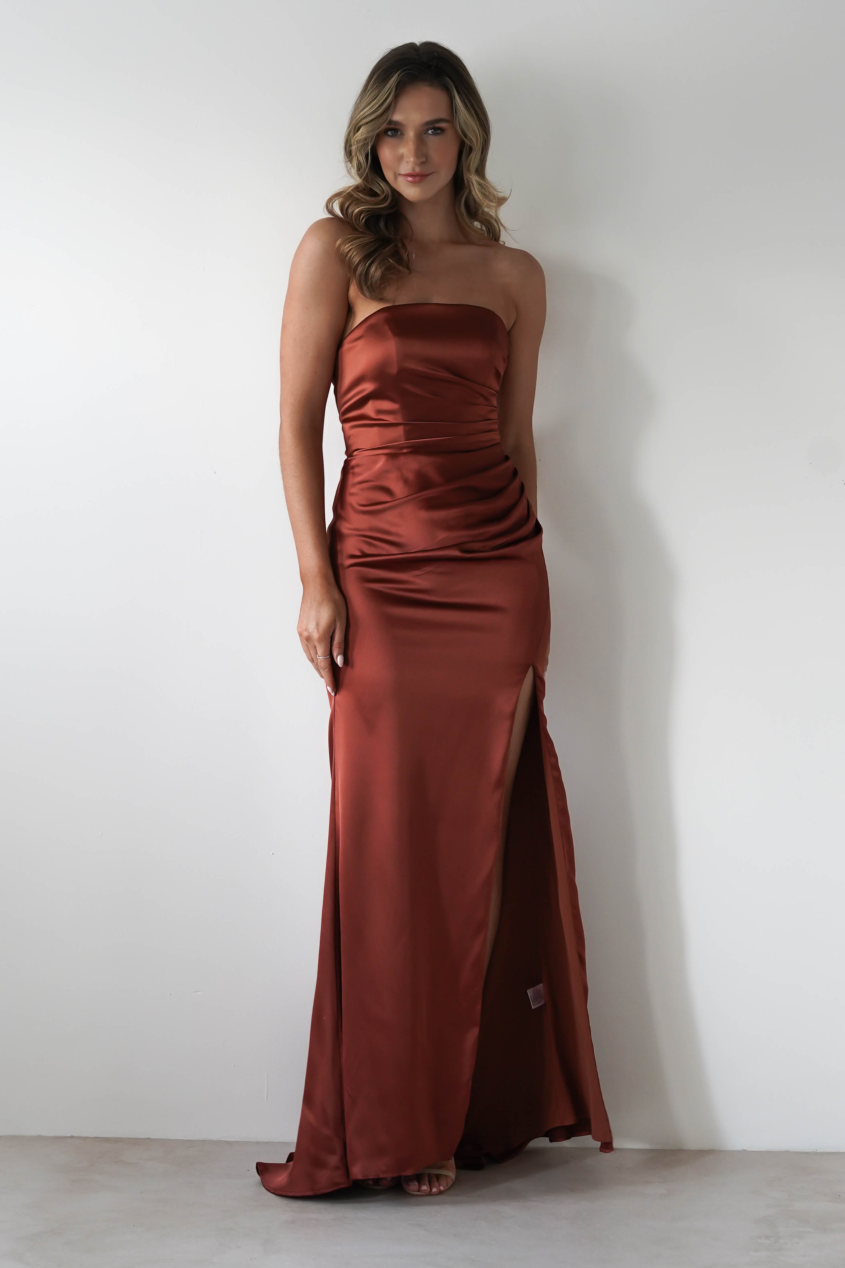 Melanie Soft Satin Maxi Gown in Rust - Elegant Long Satin Dress for Women | Perfect for Evening Parties, Weddings & Special Occasions