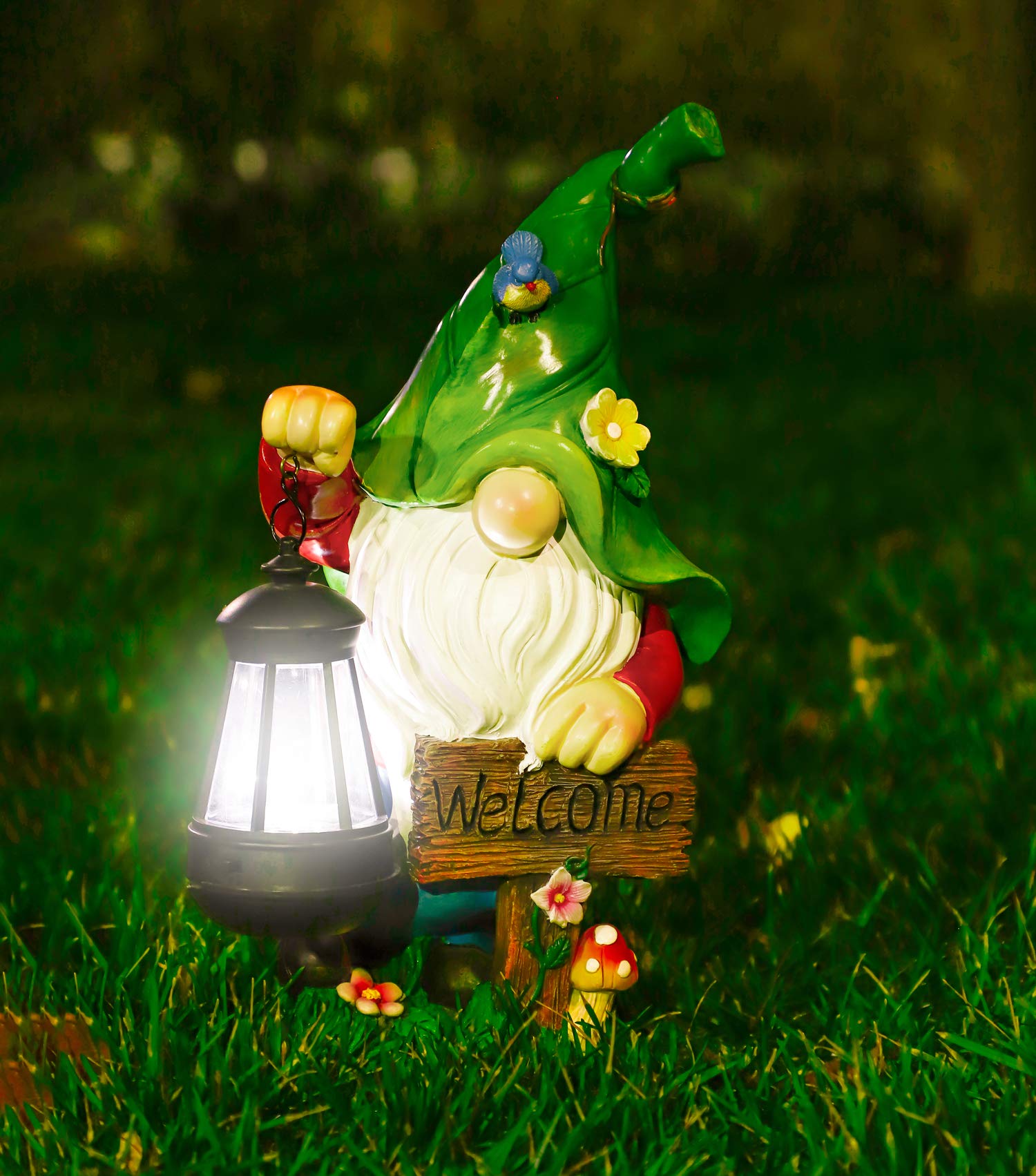 Solar-Powered Garden Gnome Statue with LED Lights & Welcome Sign - Waterproof Resin Outdoor Decor for Patio, Lawn, Garden & Indoor Use - Perfect for Nighttime Illumination & Home Decoration