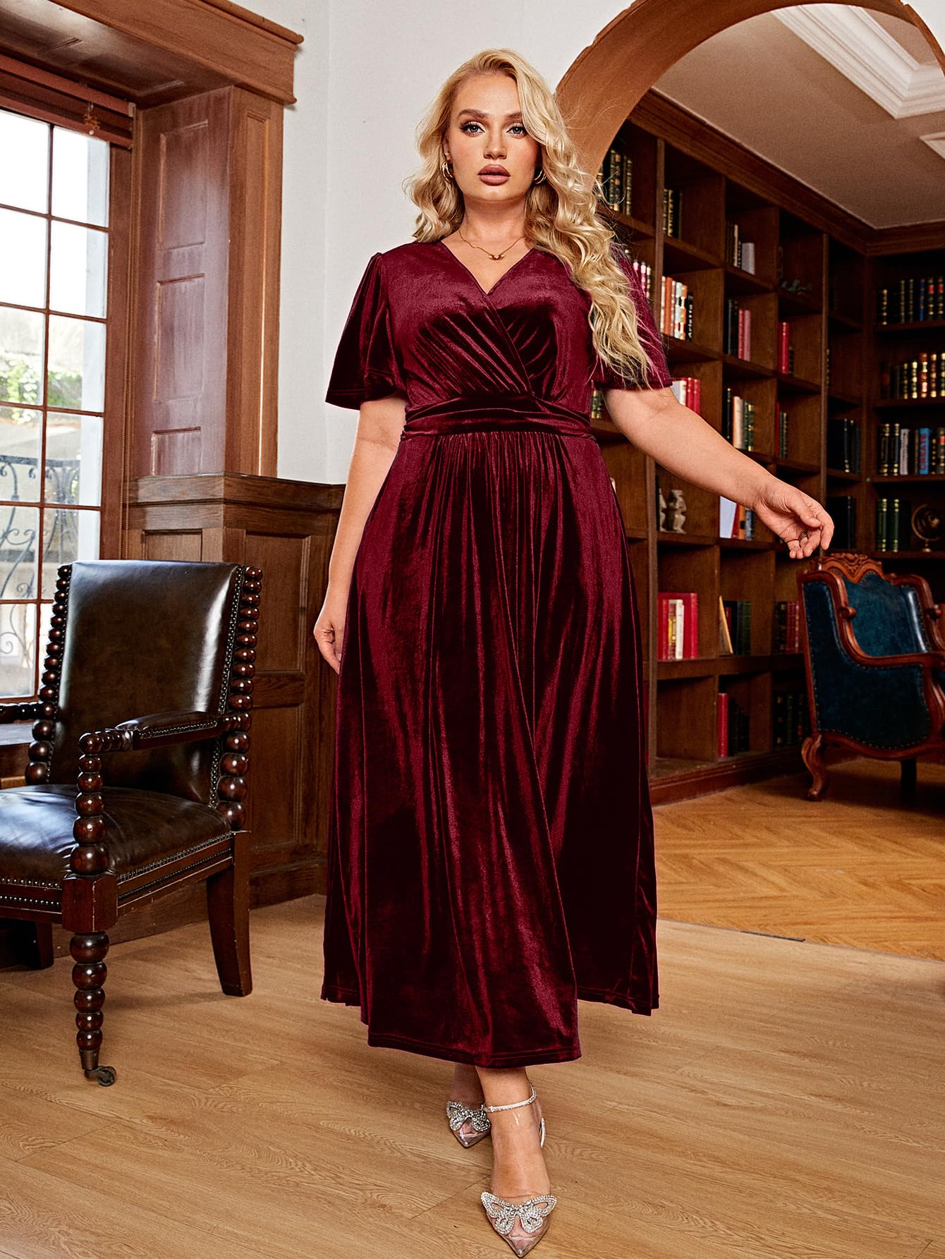 BerryGo Women's Plus Size Velvet Formal Dress - Elegant V-Neck Maternity Maxi Dress with High Waist & Thigh Slit for Wedding Guest, Party, Cocktail Events & Special Occasions