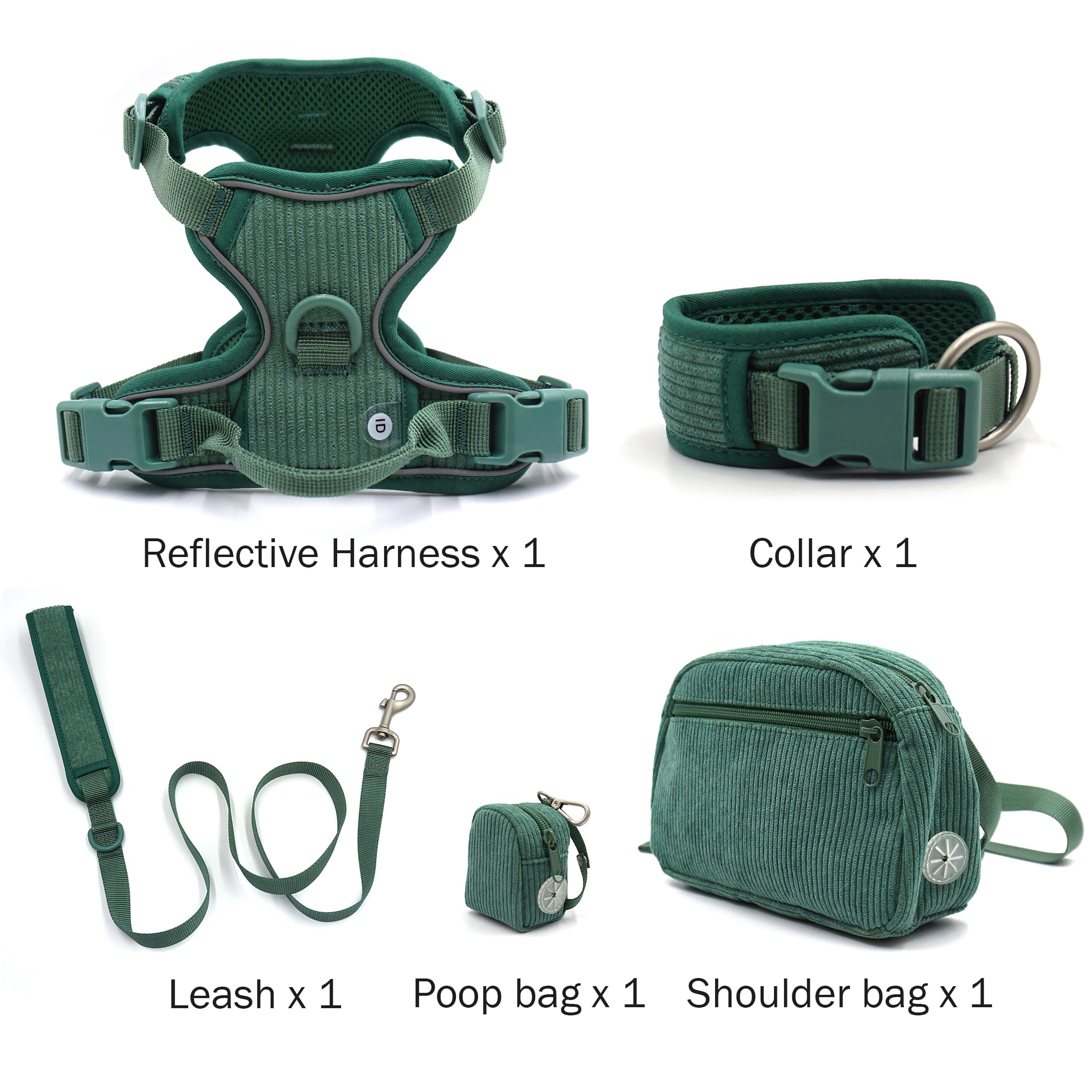 Custom Personalized Dog Harness & Leash Set with Name - Reflective No-Pull Harness, Poop Bag Holder - Beige Gray & Emerald Green (Small) - Perfect for Walking, Training & Nighttime Safety