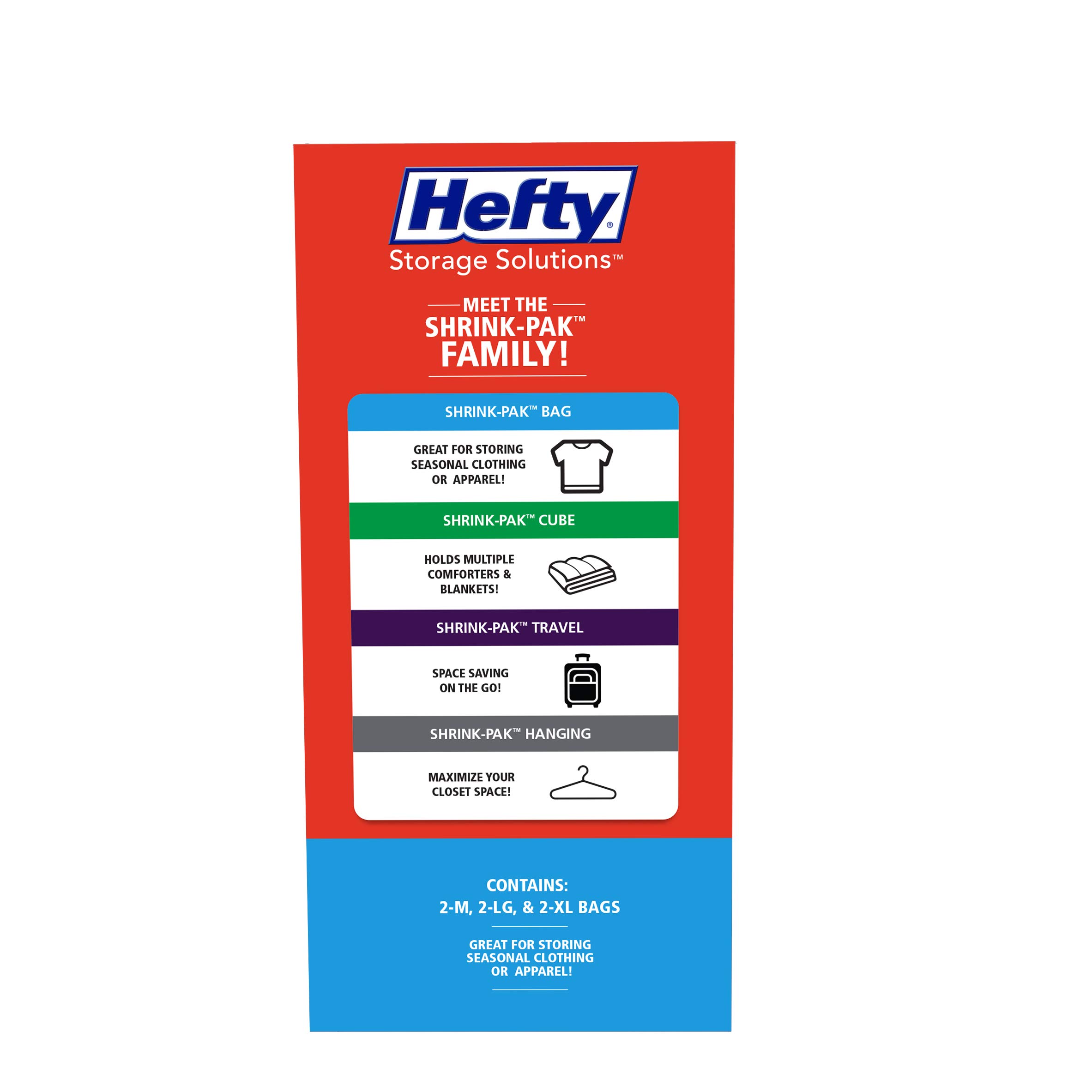 Hefty Shrink-Pak Vacuum Seal Storage Bags - 6 Piece Set (2 Medium, 2 Large, 2 XL) | Space Saving Bags for Clothes, Pillows, Towels & Blankets | Perfect for Travel, Seasonal Storage & Closet Organization