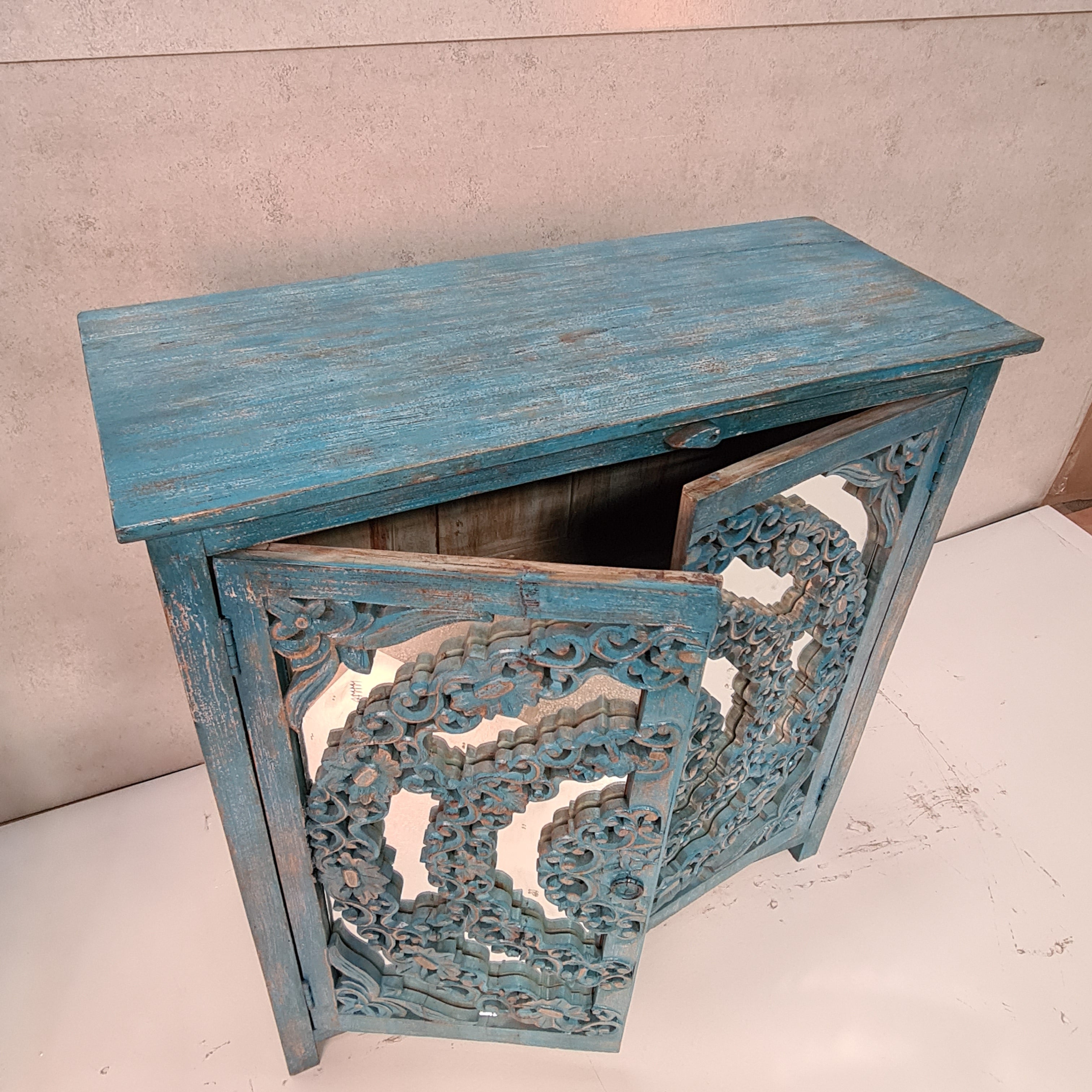 Handcrafted Indian Solid Hardwood Cabinet with Carved 2 Mirror Doors - Blue, 94x40x97cm - Perfect for Bedroom Storage, Living Room Decor & Traditional Home Furnishings