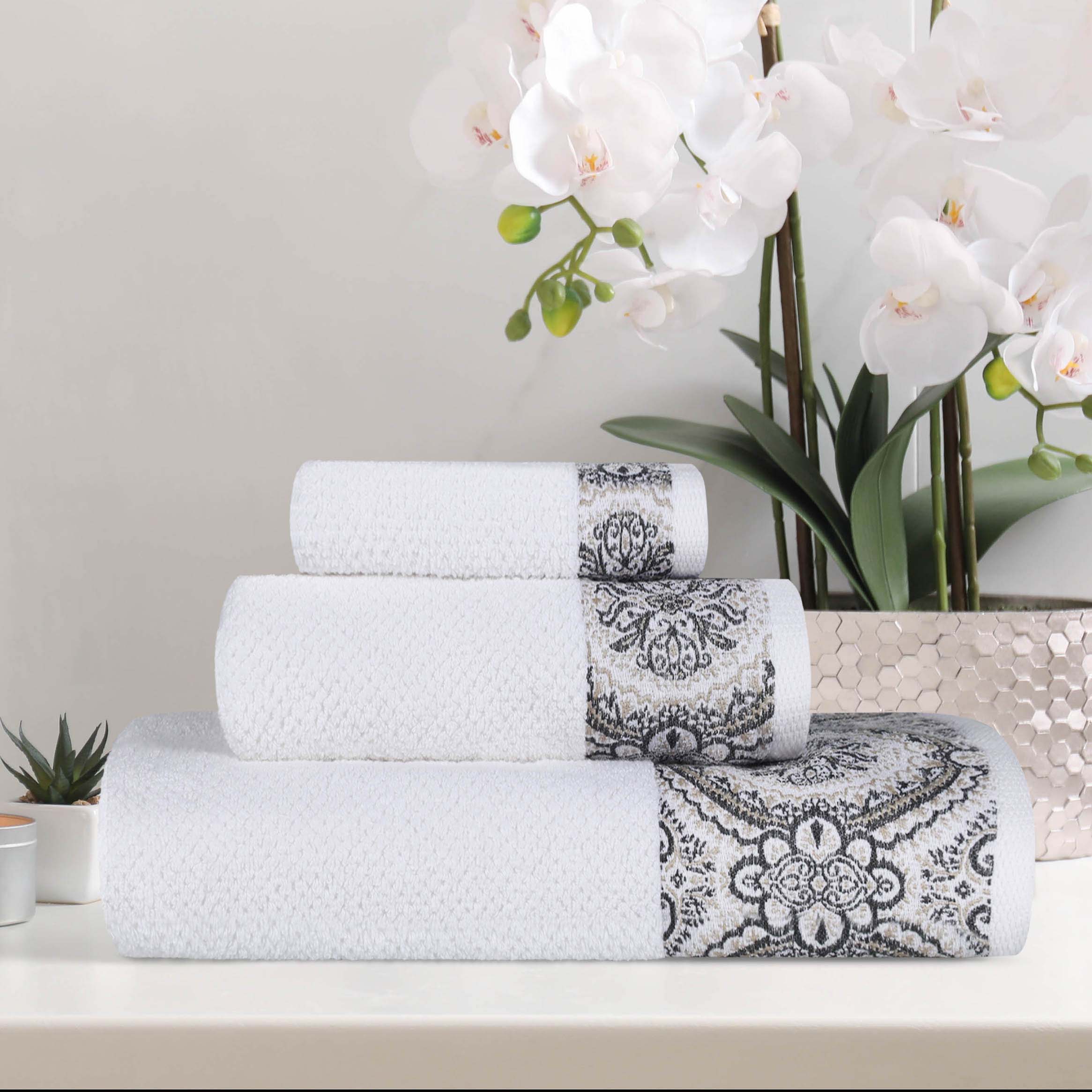 Premium Medallion Cotton Jacquard Textured 3-Piece Bath Towel Set - Soft & Absorbent Luxury Towels for Spa, Bathroom & Guest Use