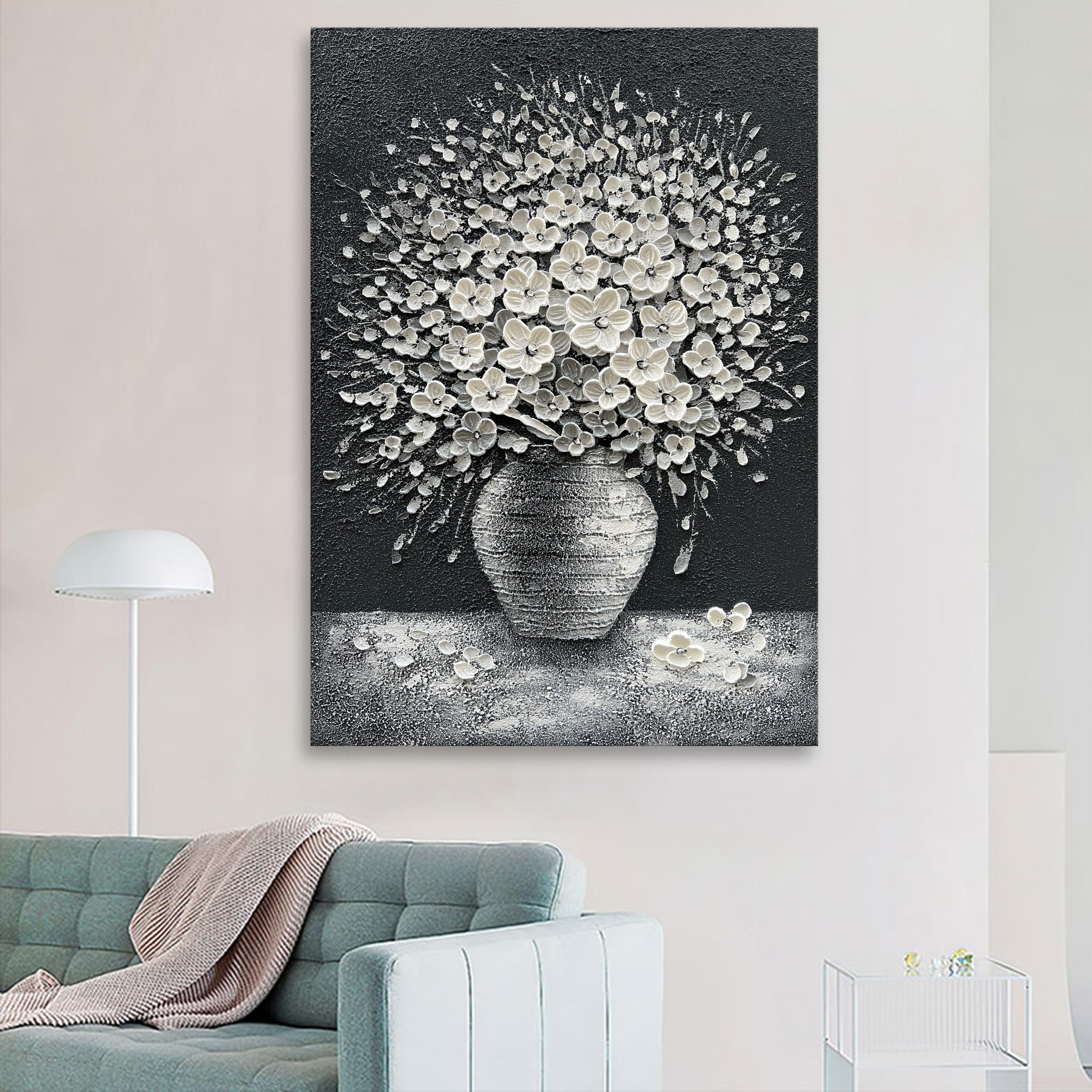 Hand-Painted Abstract White Flower Oil Painting on Canvas - 40x28 Inch Wall Art for Home & Office Decor | Modern Floral Artwork for Living Room, Bedroom, and Workspace