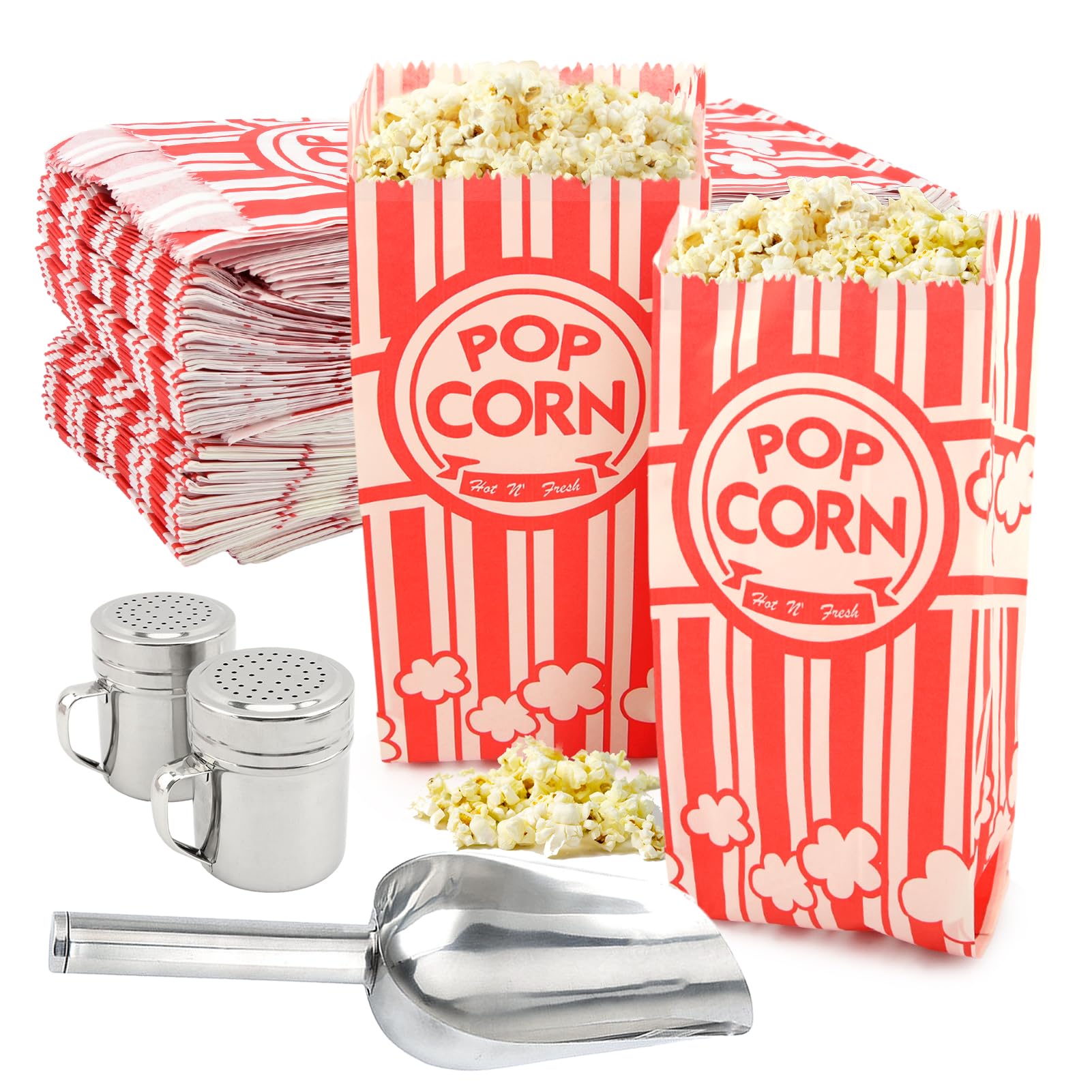 203 PCS Popcorn Machine Supplies Kit - 200 Popcorn Paper Bags, Scoop & 2 Salt Shakers - Commercial Popcorn Popper Accessories for Movie Theaters, Carnivals & Home Theater Snacks