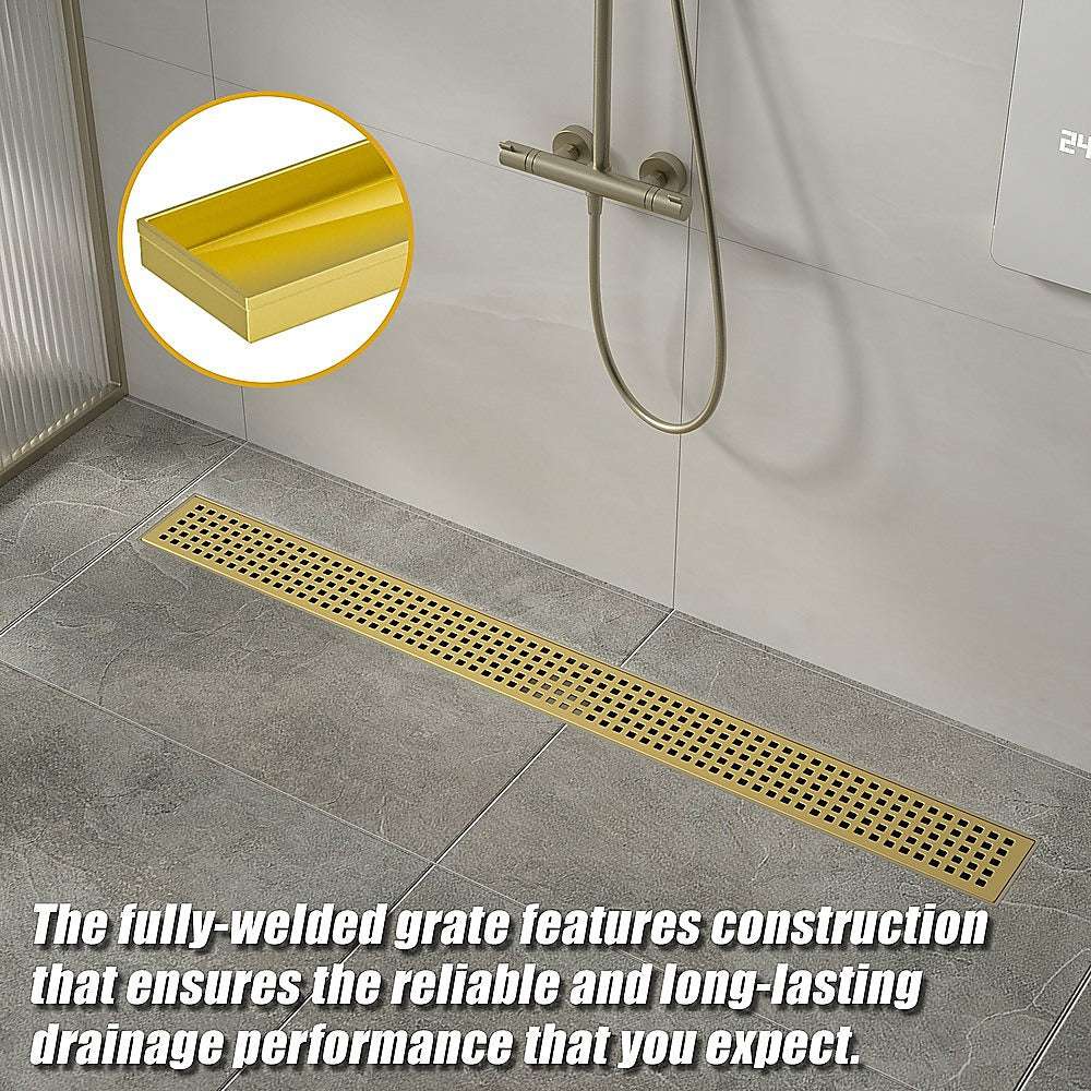 1200mm Brushed Brass Shower Drain Grate with Center Outlet - Square Pattern Floor Waste for Bathroom & Wet Room - Durable & Stylish Drainage Solution for Showers, Baths, and Wet Areas