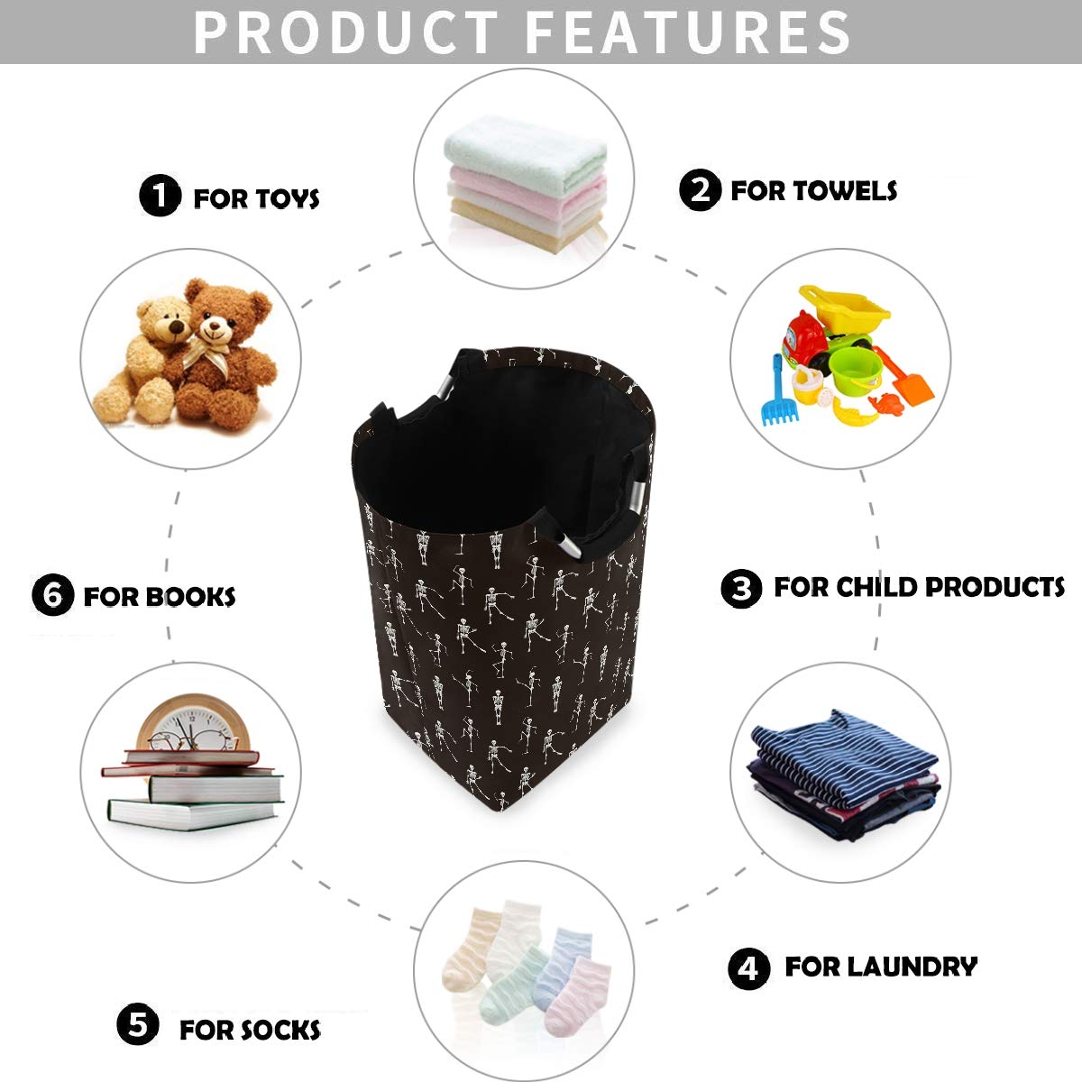 Visesunny Large Collapsible Laundry Hamper - Foldable Oxford Fabric Laundry Basket with Handles, Waterproof Dirty Clothes Storage Bag for Bedroom, Dorm, Travel & Camping (Black Dancing Skeleton Design)