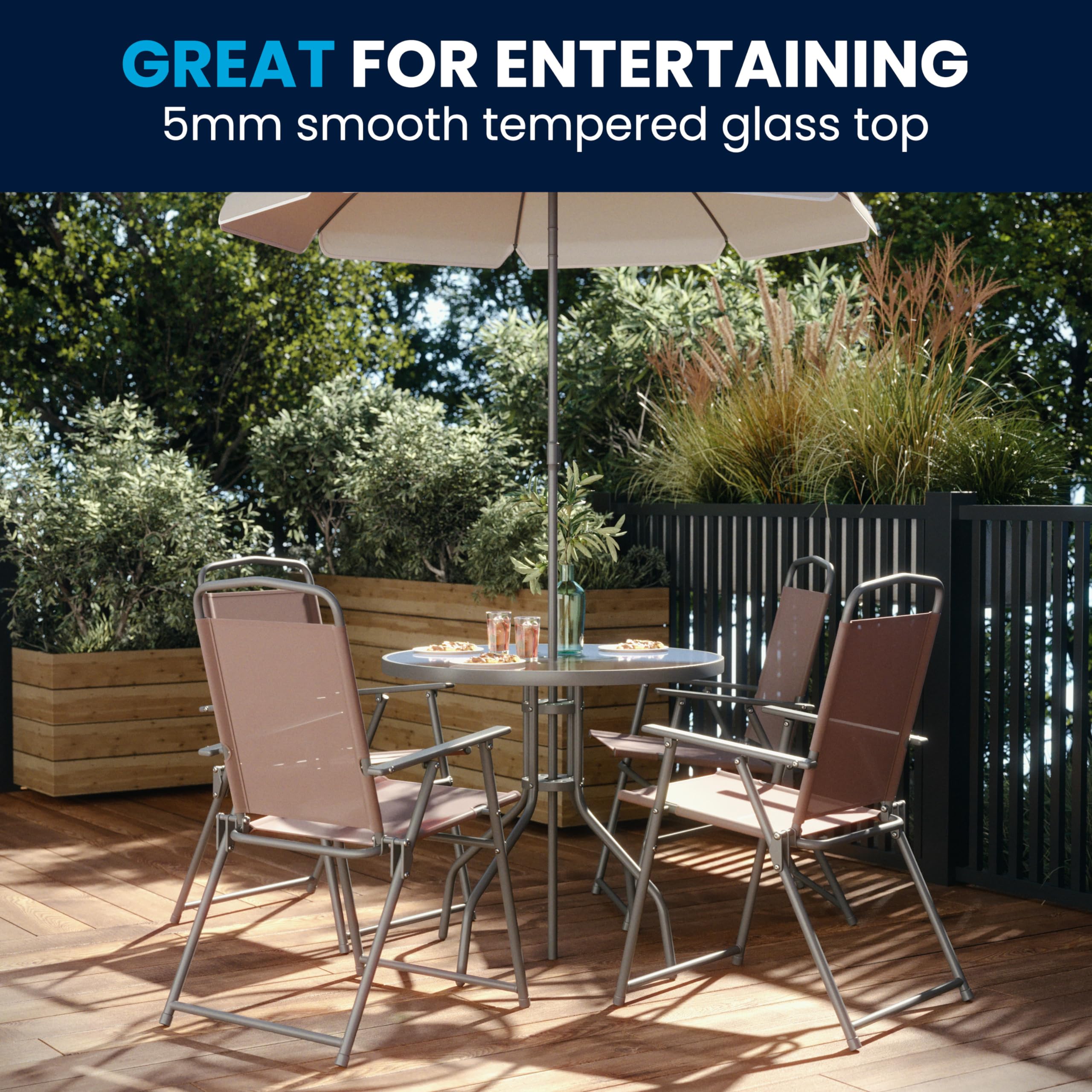 Flash Furniture Nantucket 6-Piece Outdoor Patio Dining Set with Glass Table, 4 Folding Chairs & Umbrella - Brown Rattan Wicker Furniture for Backyard, Garden, Poolside & Deck Dining