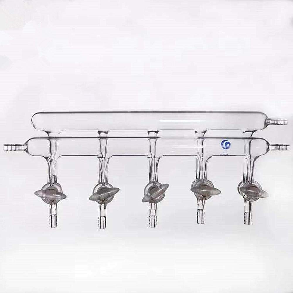 High-Quality Lab Glass Double Manifold Vacuum Gas Distributor - 5 Port Double Row Vacuum Gas Glass Manifold with Solid Glass Stopcock for Chemistry Experiments & Laboratory Use