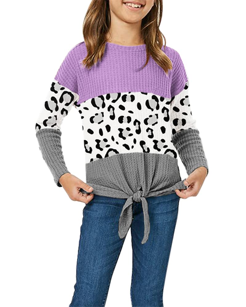 Girls Waffle Knit Colorblock Tie Front Long Sleeve Tunic Top - Casual Comfortable Kids T-Shirt for School, Playdates & Everyday Wear