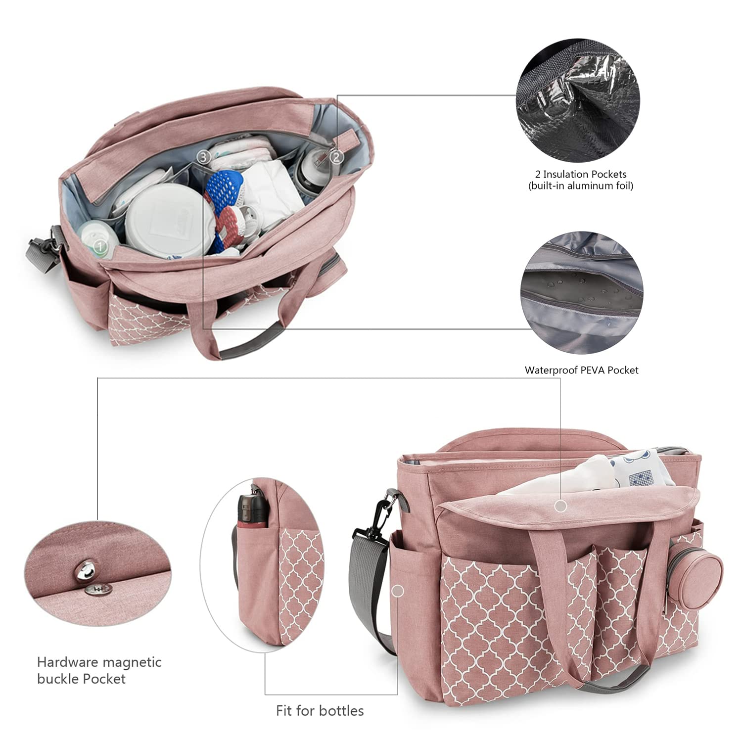 Large Diaper Bag Tote for Moms - Waterproof Baby Changing Bag with Insulated Pockets & Wipes Compartment | Perfect for Travel, Daycare & On-the-Go Parenting