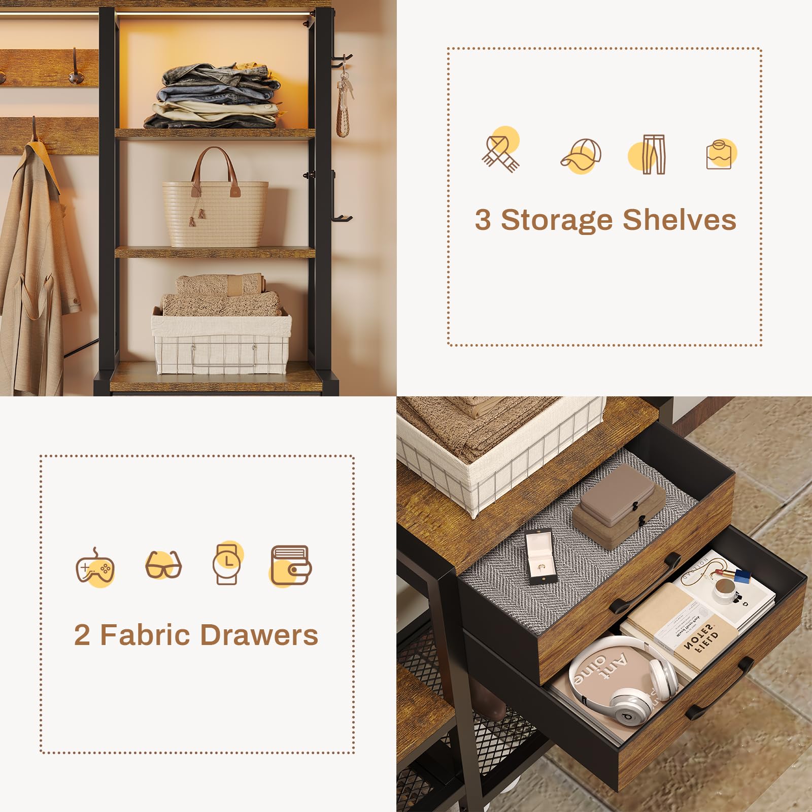 Itaar 7-in-1 Hall Tree Entryway Bench with Coat Rack - Rustic Brown Shoe Storage Organizer, 3 Cubbies & 3 Shelves, 17 Hooks & 2 Fabric Drawers - Perfect for Mudroom, Foyer & Small Space Organization