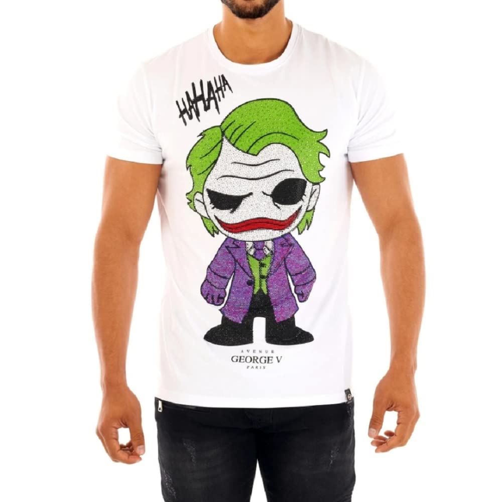 George V Men's Crystal Joker Graphic T-Shirt - White Cotton Tee for Casual Wear & Street Fashion