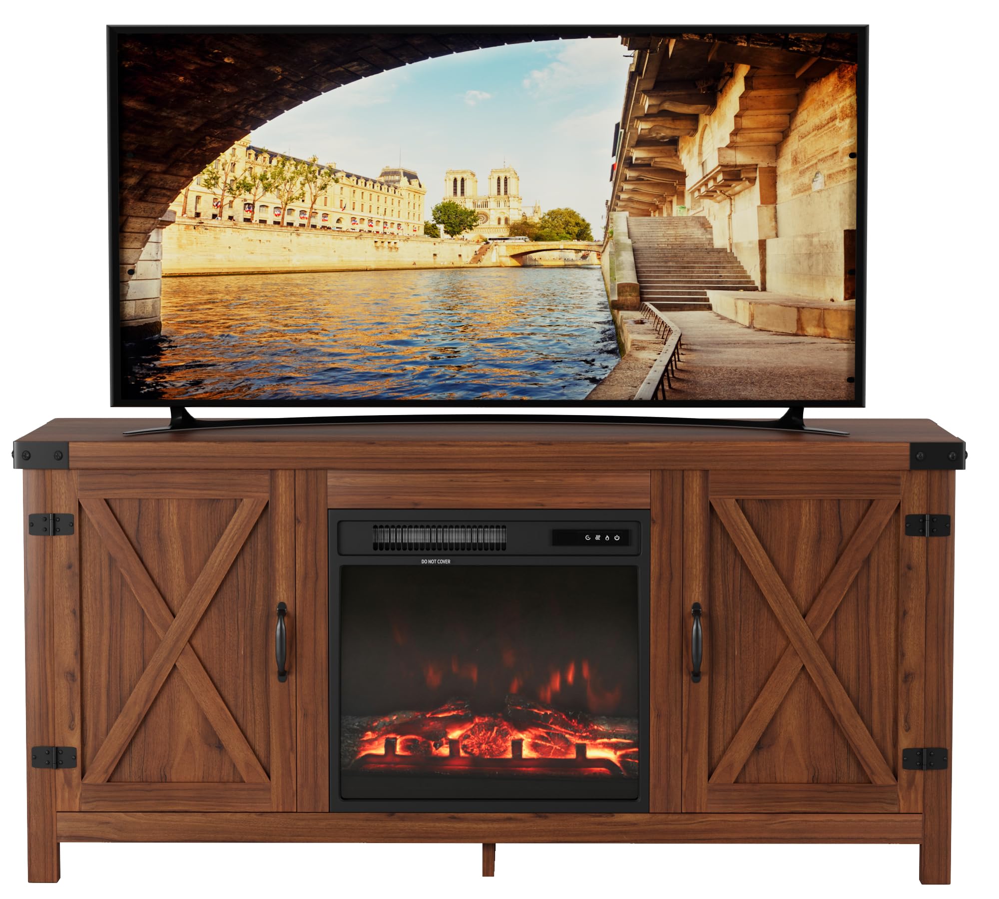 JUMMICO 65+ Inch Fireplace TV Stand with Double Barn Doors - Farmhouse Entertainment Center with Electric Fireplace & Storage Shelves - Rustic Walnut Finish for Living Room, Bedroom & Home Theater