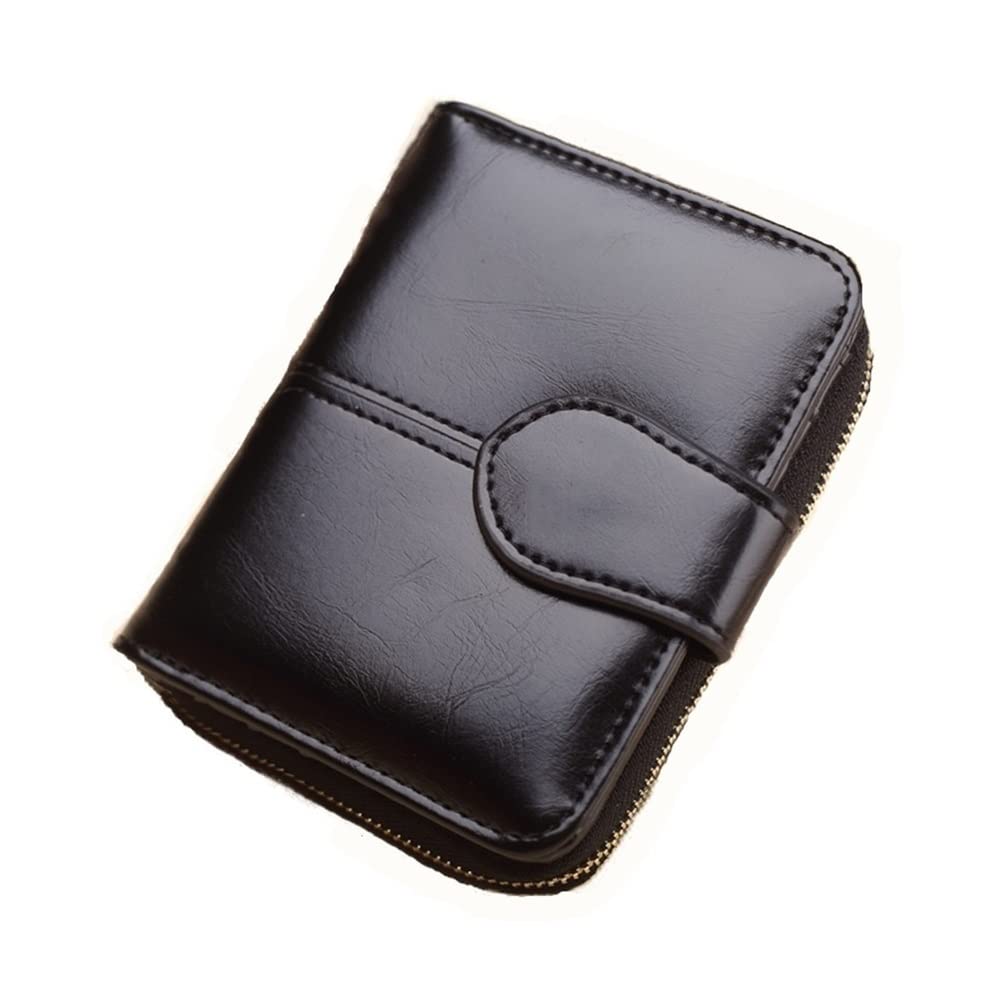 BAIGUAN Women's PU Leather Tri-Fold Wallet with Zipper - Slim RFID Blocking Card Holder & Coin Purse - Vintage Retro Solid Color (Black) for Everyday Use, Travel, and Gift Giving