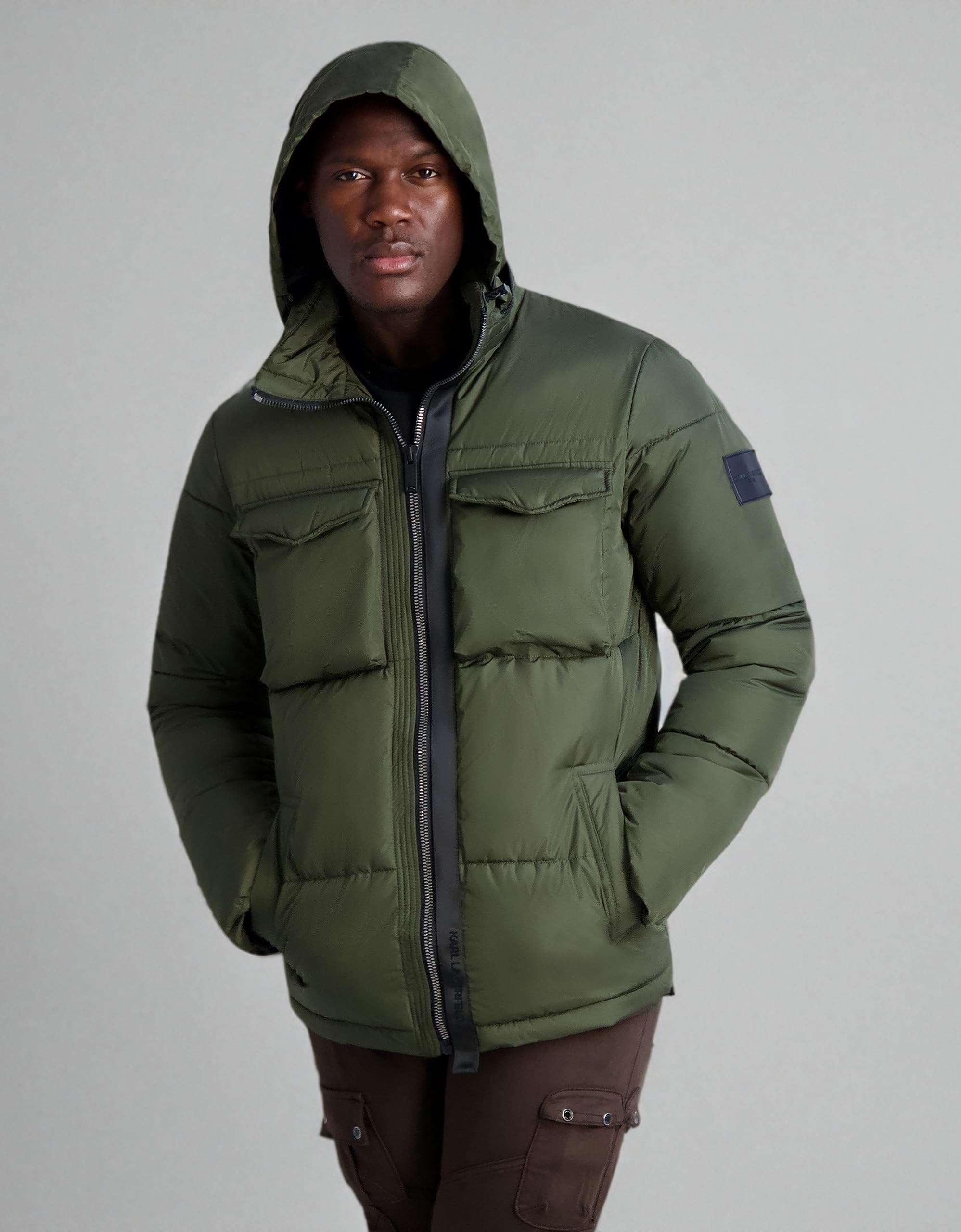 KARL LAGERFELD Men's Quilted Zip-Out Hood Puffer Jacket - Lightweight Winter Coat with Detachable Hood for Outdoor Activities & Casual Wear