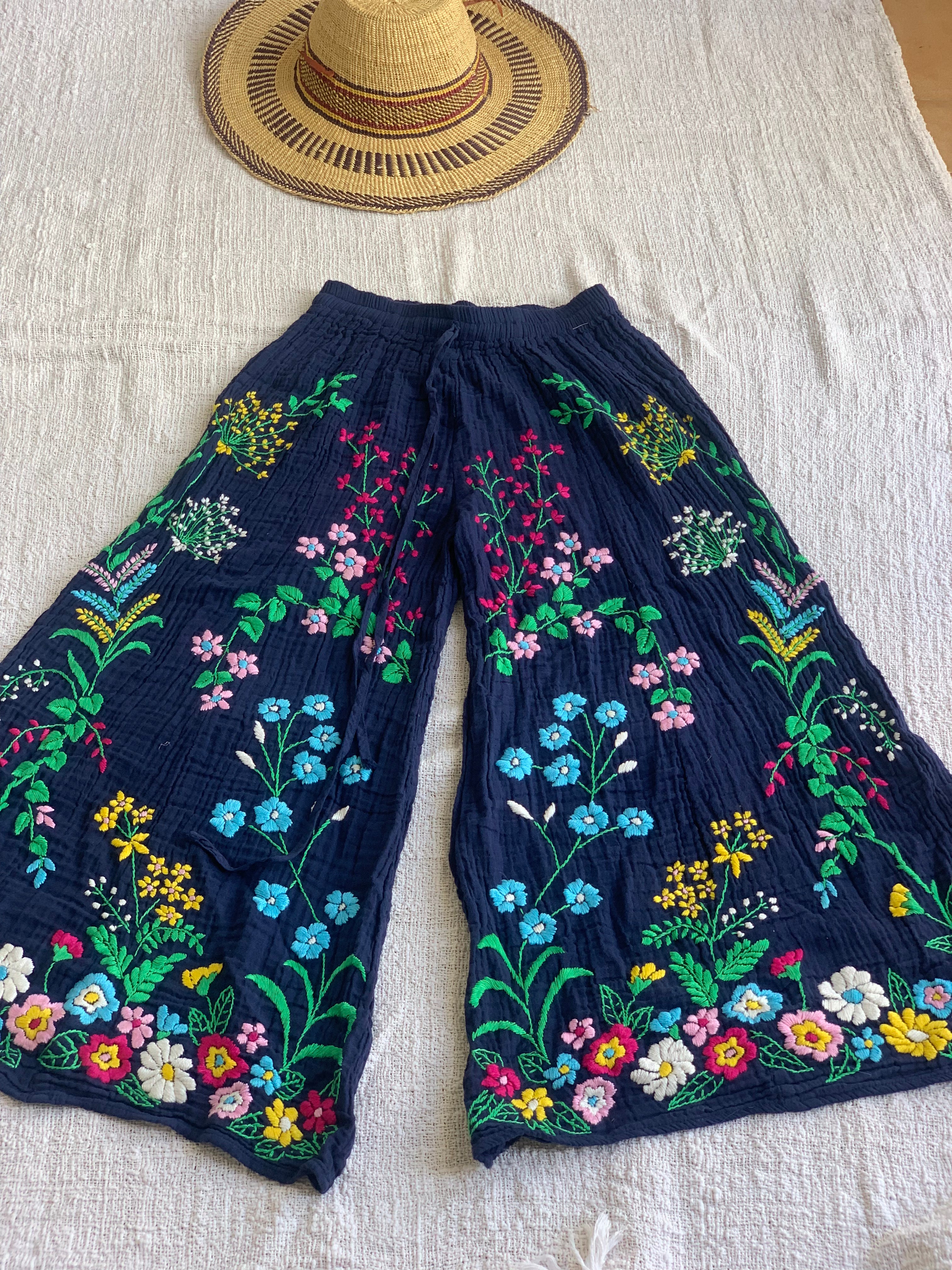 Boho Floral Embroidered Pants for Women - Handmade Chiang Mai Style Cotton Trousers in Blue | Perfect for Beach, Yoga, and Festival Outfits