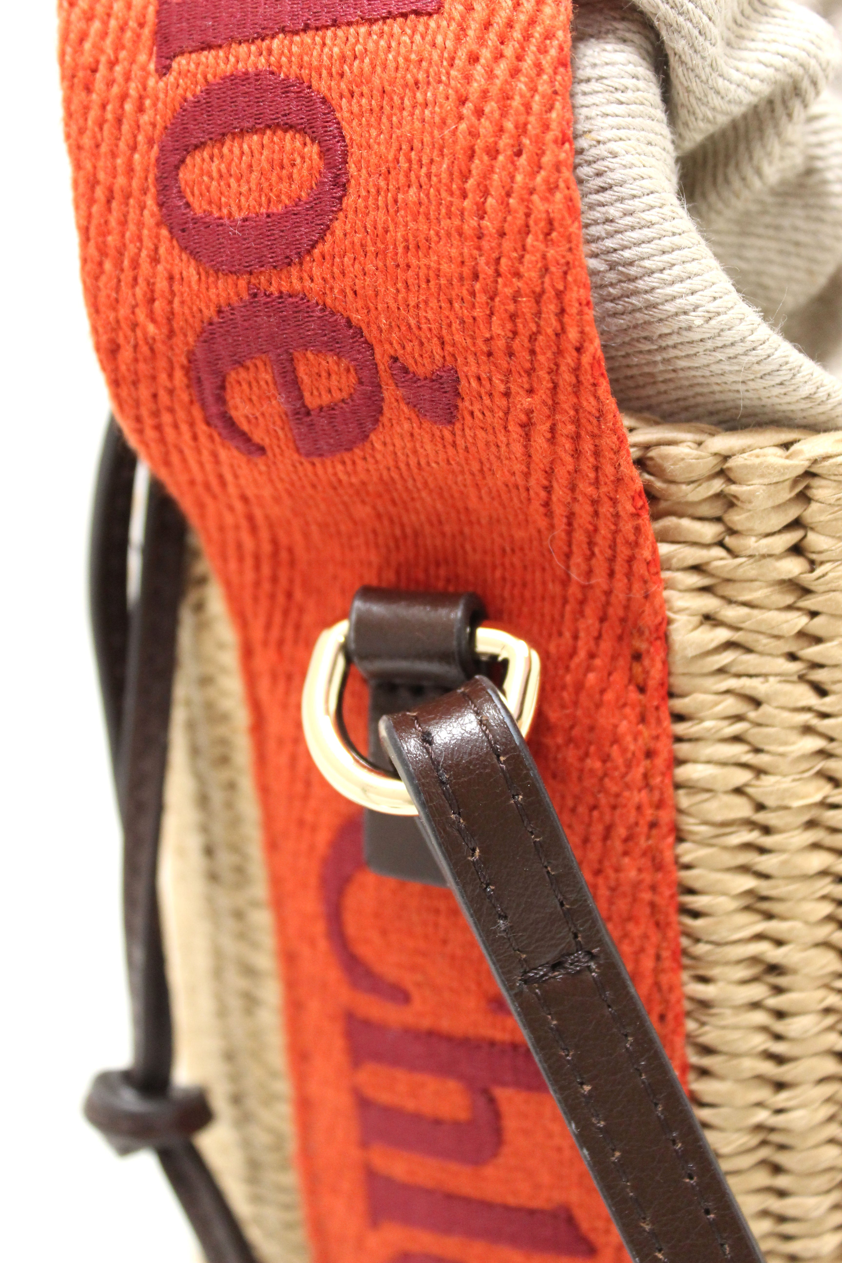 Chloé Woody Woven Tote Bag with Orange Logo Strap - Stylish Woven Basket Handbag for Women, Perfect for Beach, Summer Outings and Casual Fashion Accessories