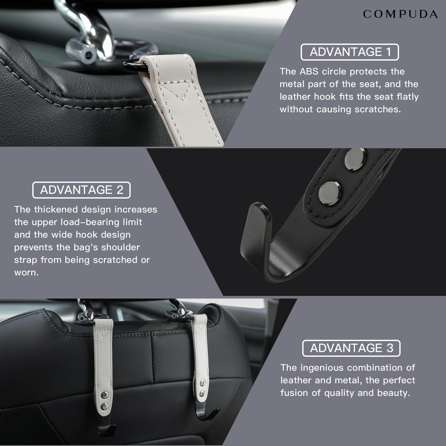 2 Pack Car Headrest Hooks - Premium Leather & SUS304 Steel Hangers for Purses, Bags, Groceries - Perfect for Road Trips, Shopping & Daily Commute (Grey)