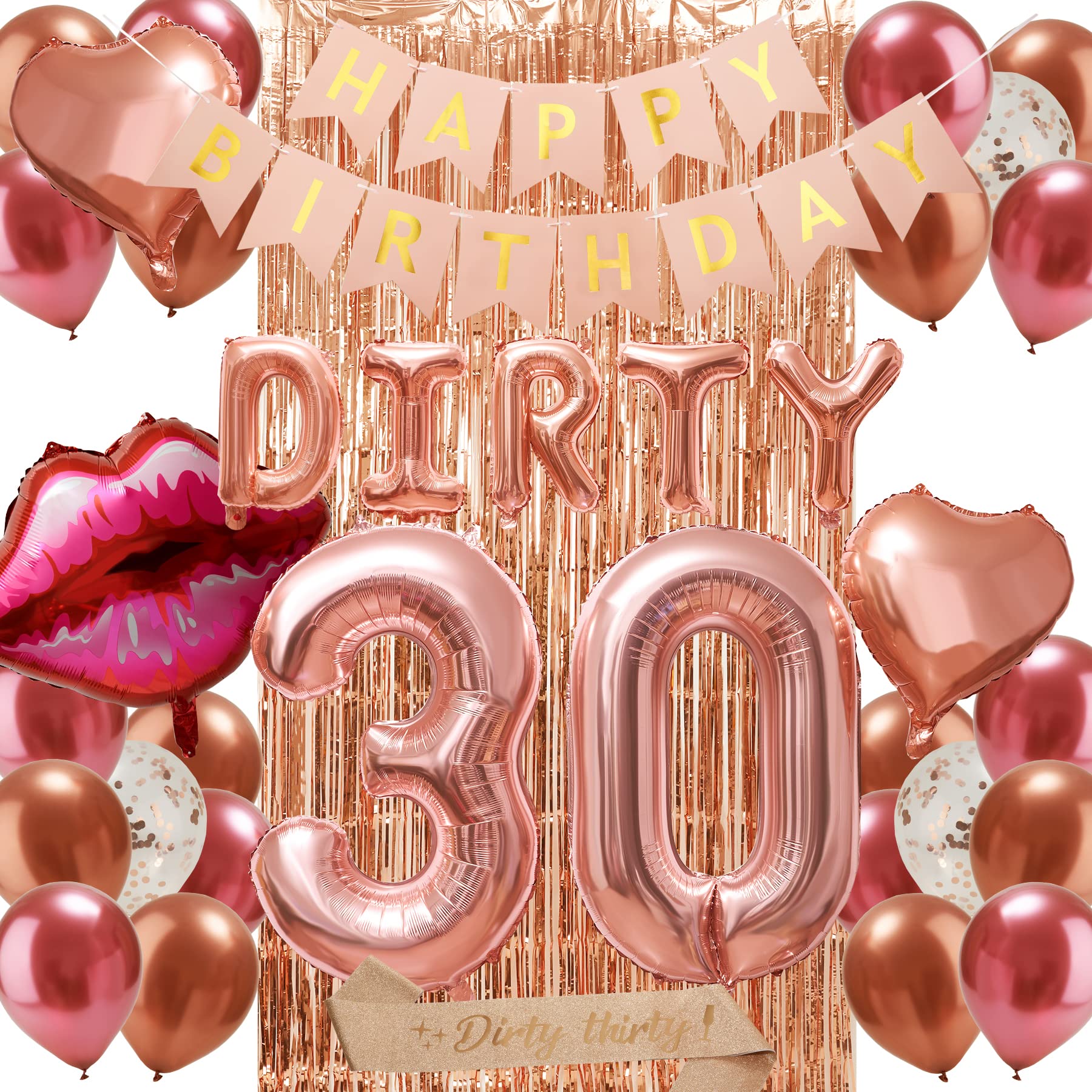 30th Birthday Decorations Set - Rose Gold Happy Birthday Banner, Foil Curtains, Dirty 30 Balloons & Sash for Women - Perfect for Birthday Parties, Milestone Celebrations & Photo Backdrops