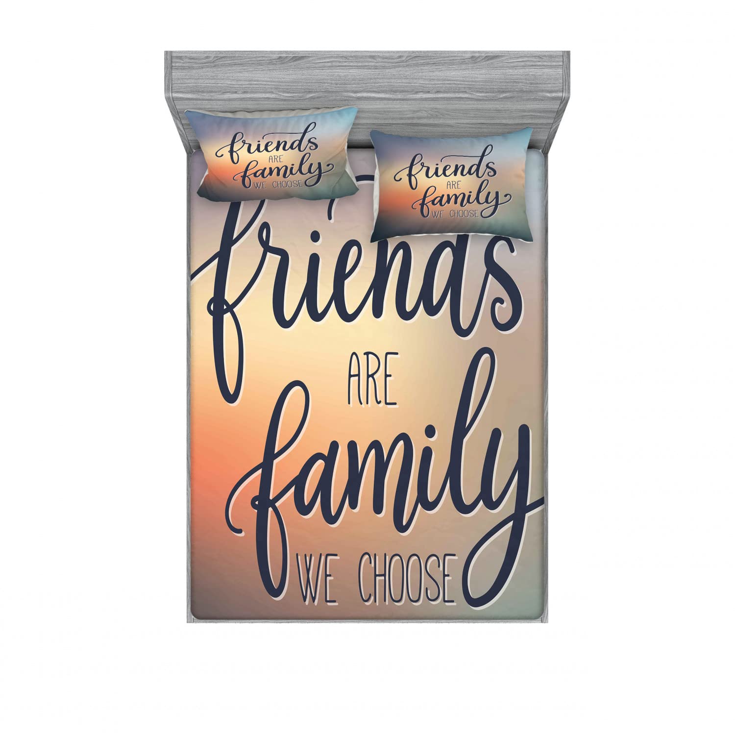 Ambesonne 2-Pack Queen Size Fitted Sheet & Pillow Sham Set - Friends Are Family BFF Bedding Decor (Dark Blue/Yellow/Peach) - Includes 2 Fitted Sheets & 4 Pillow Covers - Perfect for Guest Rooms, Dorm Decor or Best Friend Gifts