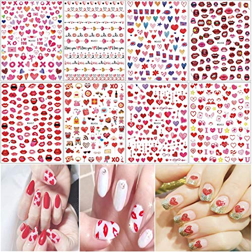3D Valentine's Day Nail Art Stickers - Self-Adhesive XO Love Kiss & Heart Design Nail Decals for Women & Girls | Romantic Manicure Decorations for Valentine's Gifts, Date Nights & Special Occasions (8 Sheets)