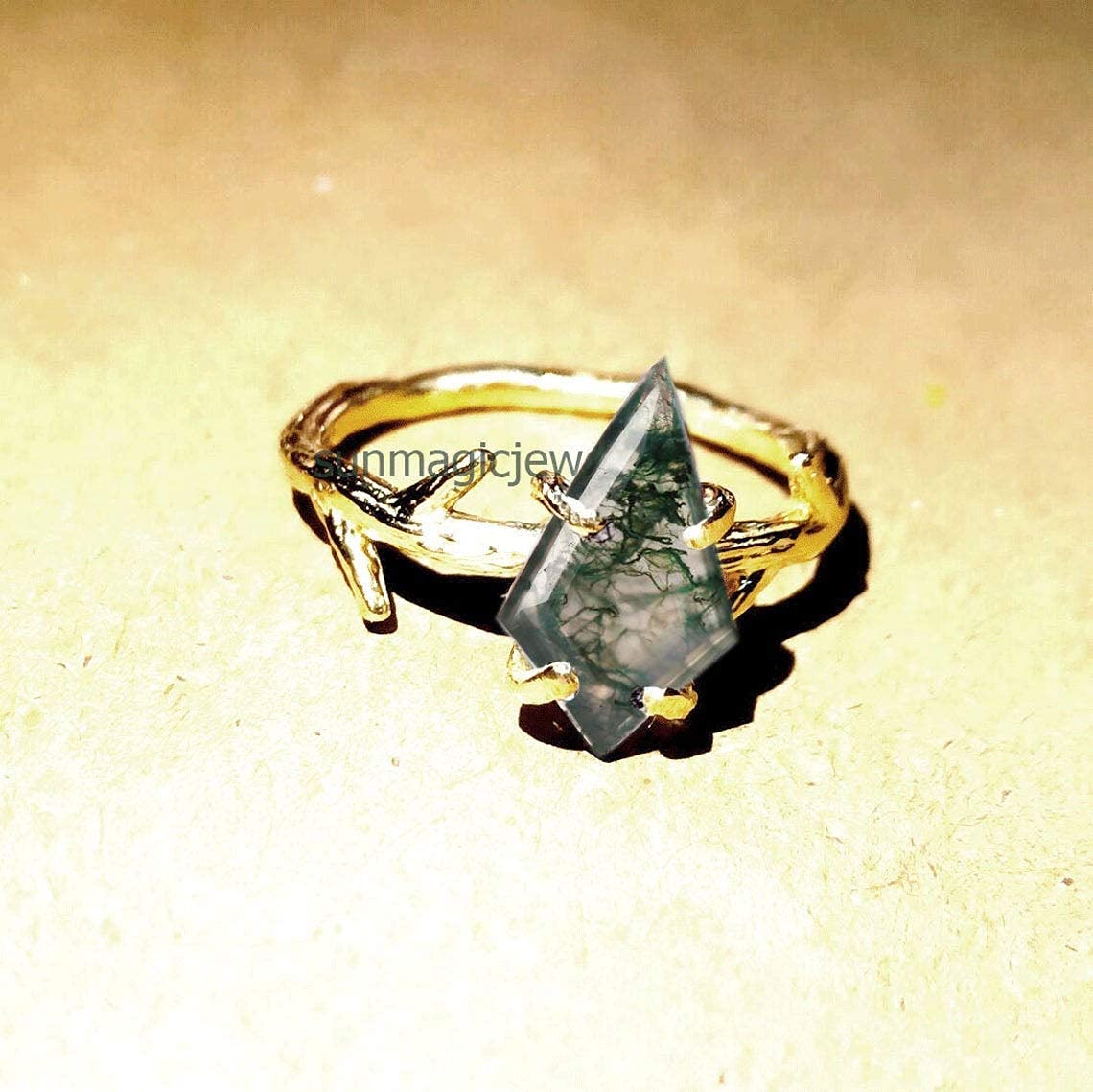 Unique Kite Moss Agate Engagement Ring - 925 Sterling Silver & Rose Gold Twig Design | Handmade Gemstone Ring for Women | Perfect for Weddings, Anniversaries & Romantic Gifts