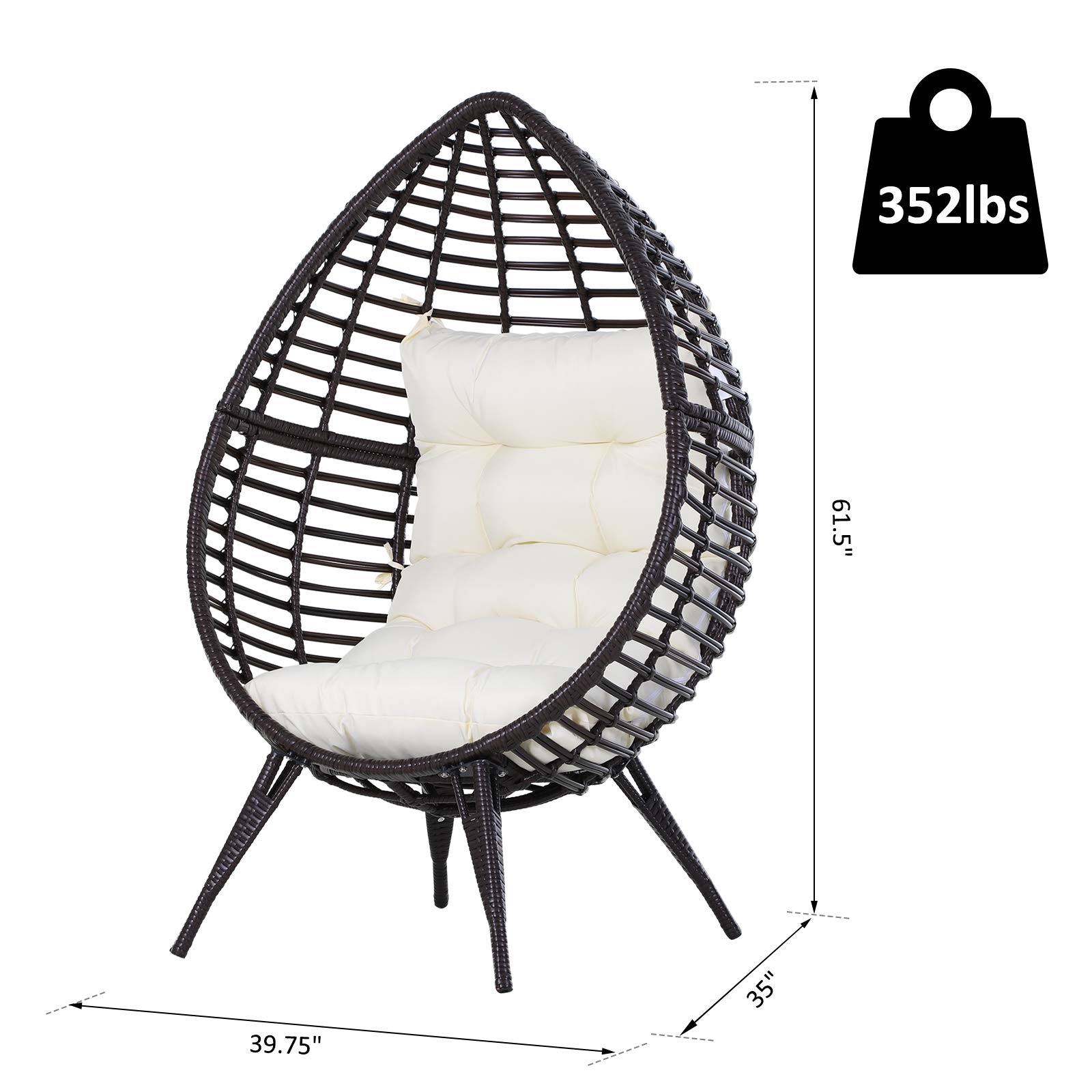 Outsunny Beige Wicker Egg Chair with Soft Cushion - Adjustable Height Teardrop Patio Chair for Indoor & Outdoor Use, PE Rattan Furniture for Porch, Garden, or Balcony Relaxation