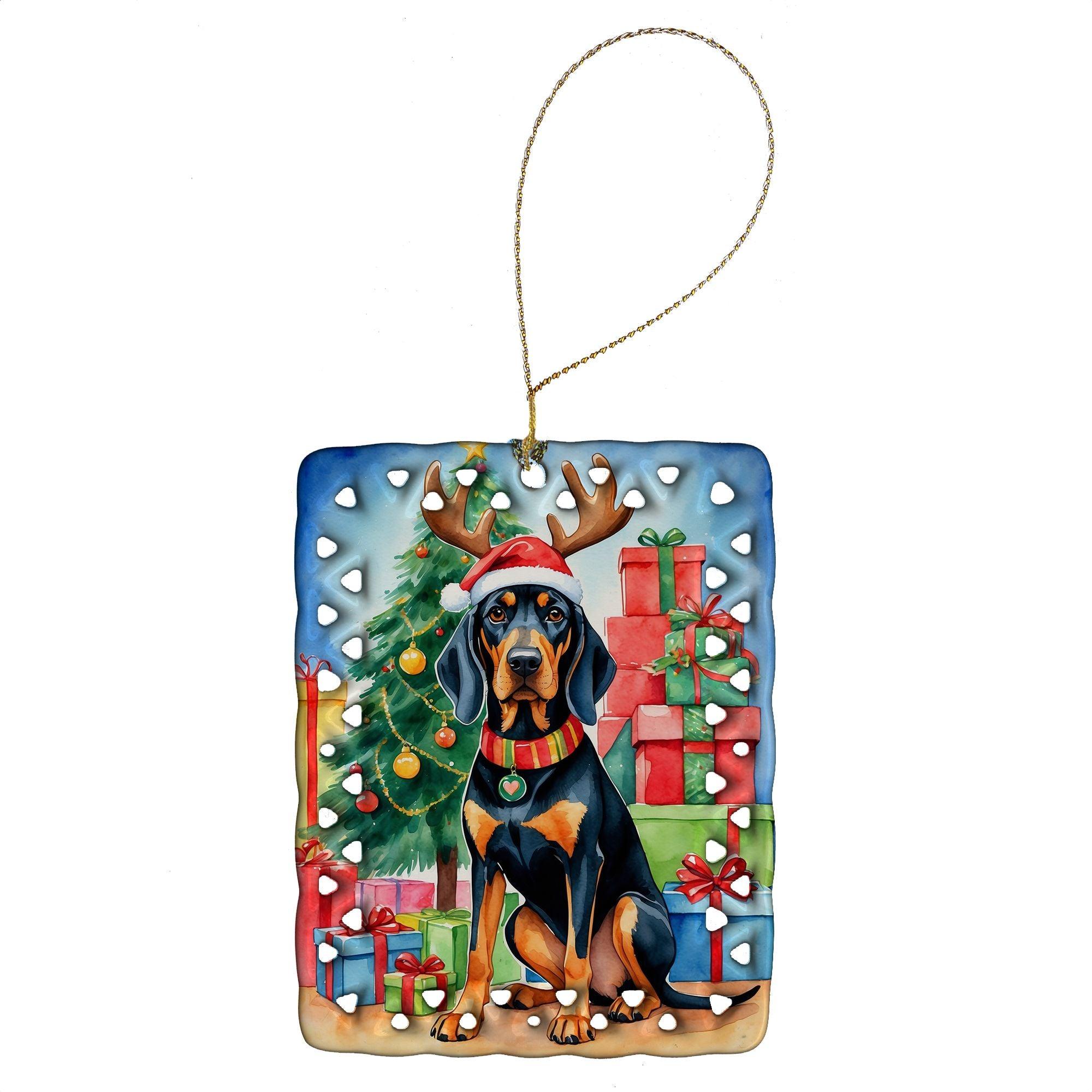 Black and Tan Coonhound Christmas Reindeer Porcelain Ornament - Handcrafted Holiday Tree Hanging Decor for Home, Festive Gift (Rectangle, Multicolor) - Perfect for Christmas Tree Decorating, Holiday Parties & Cozy Home Decor