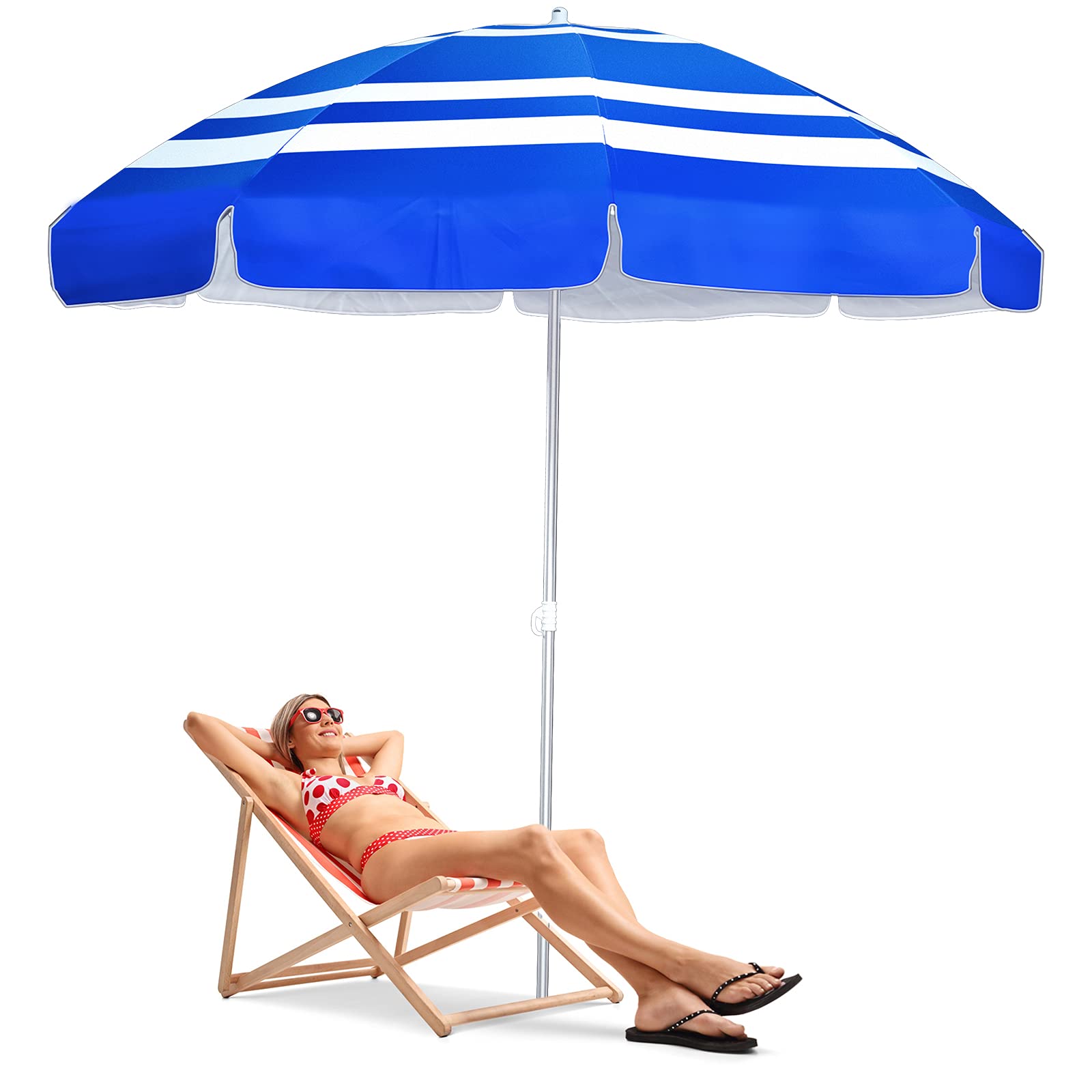 OCOOPA 6.5ft UV 50+ Beach Umbrella with Sand Anchor & Aluminum Pole - Portable Sun Shade Umbrella with Carry Bag for Beach, Pool, Patio, Backyard, Garden - Perfect for Summer Outdoor Activities (Blue & White)