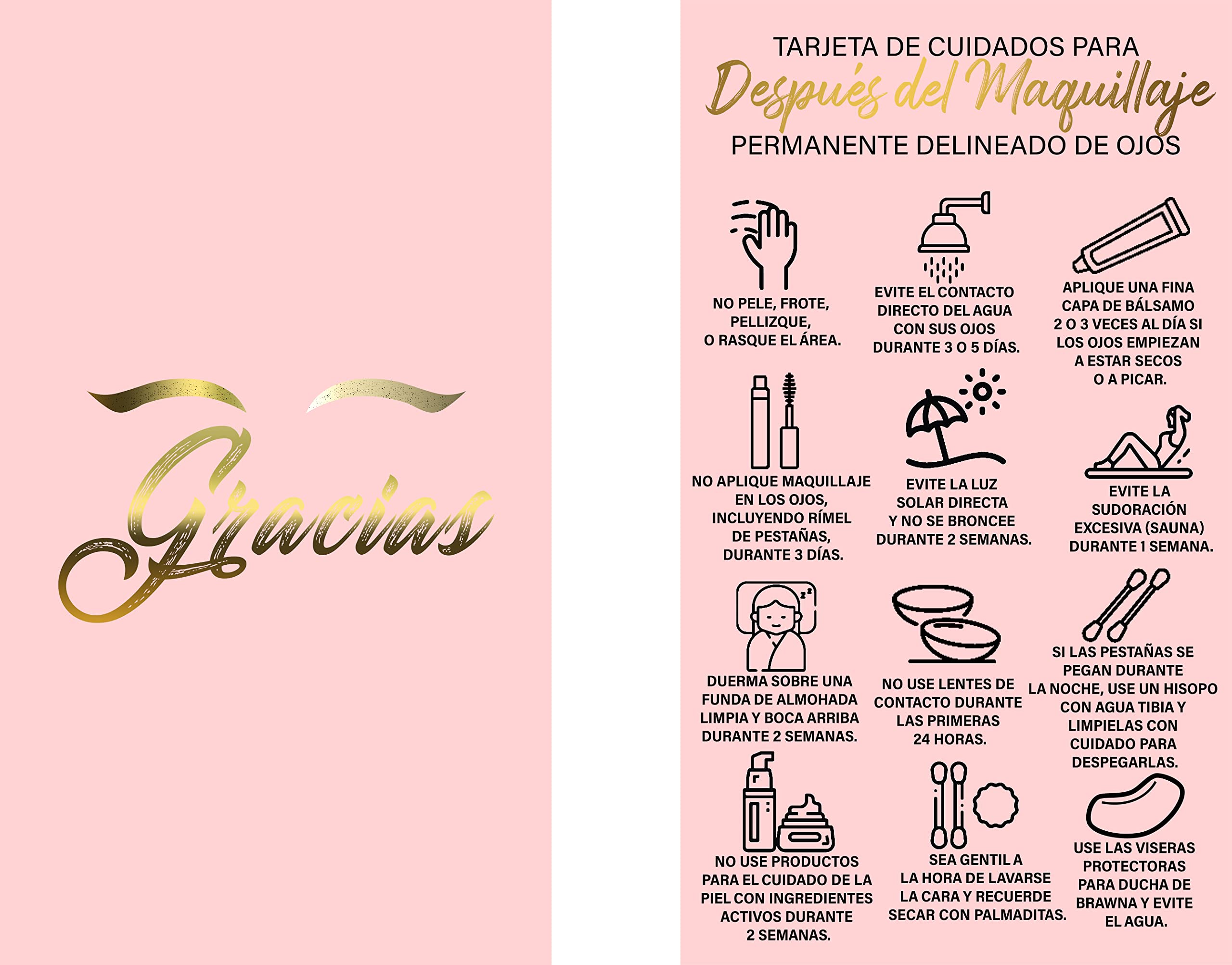 BRAWNA 50 Pack Permanent Makeup Aftercare Cards for Eyeliner & Microblading - Thank You Cards for PMU Clients - Spanish/English Bilingual - Pink PMU Supplies Kit - Perfect for Tattoo Artists & Beauty Salons