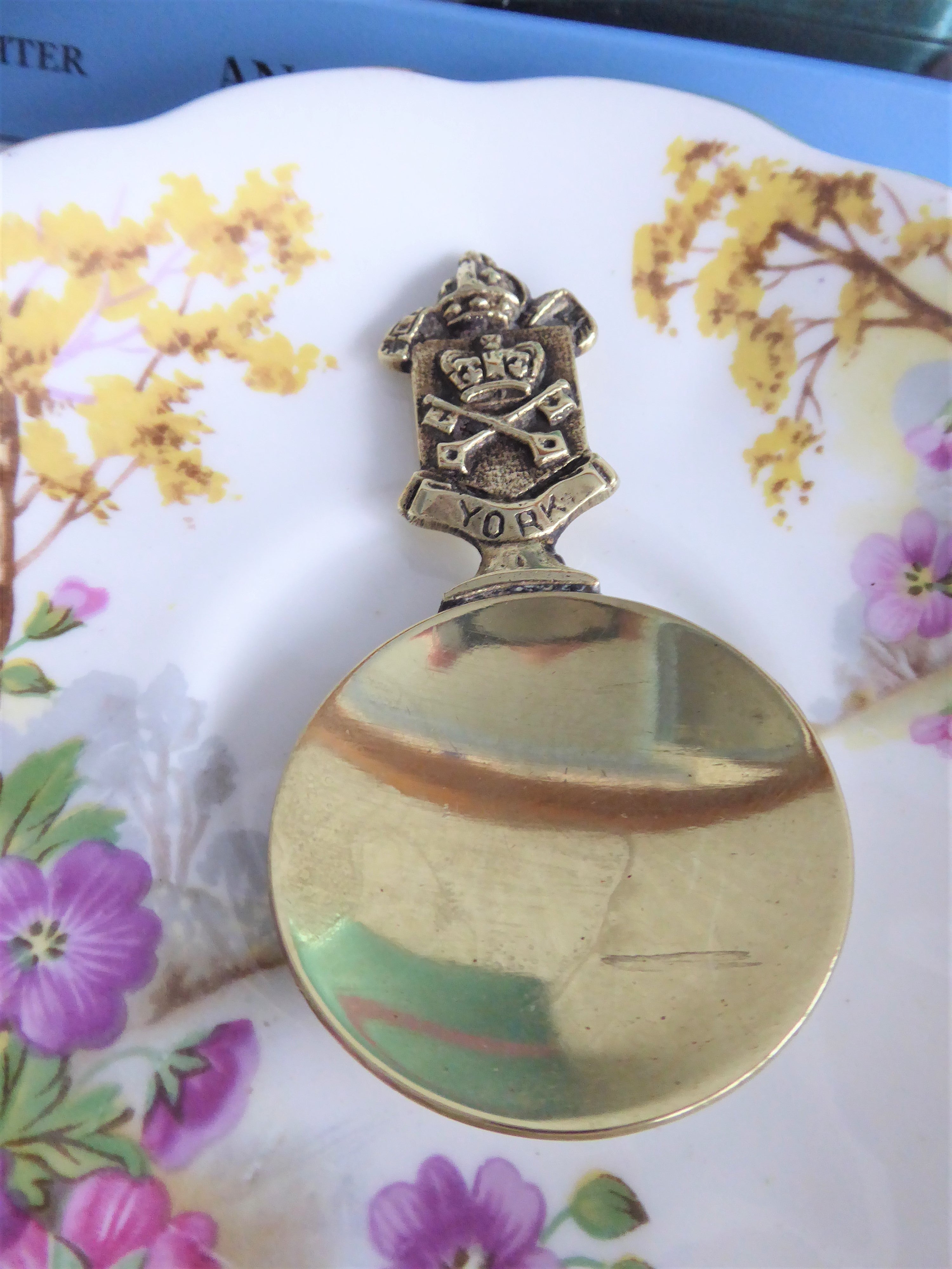 Antique Victorian Brass Tea Caddy Spoon - York Crossed Keys & Mitre Design 1890s Souvenir - Perfect for Tea Ceremonies, Collectors & Home Decor