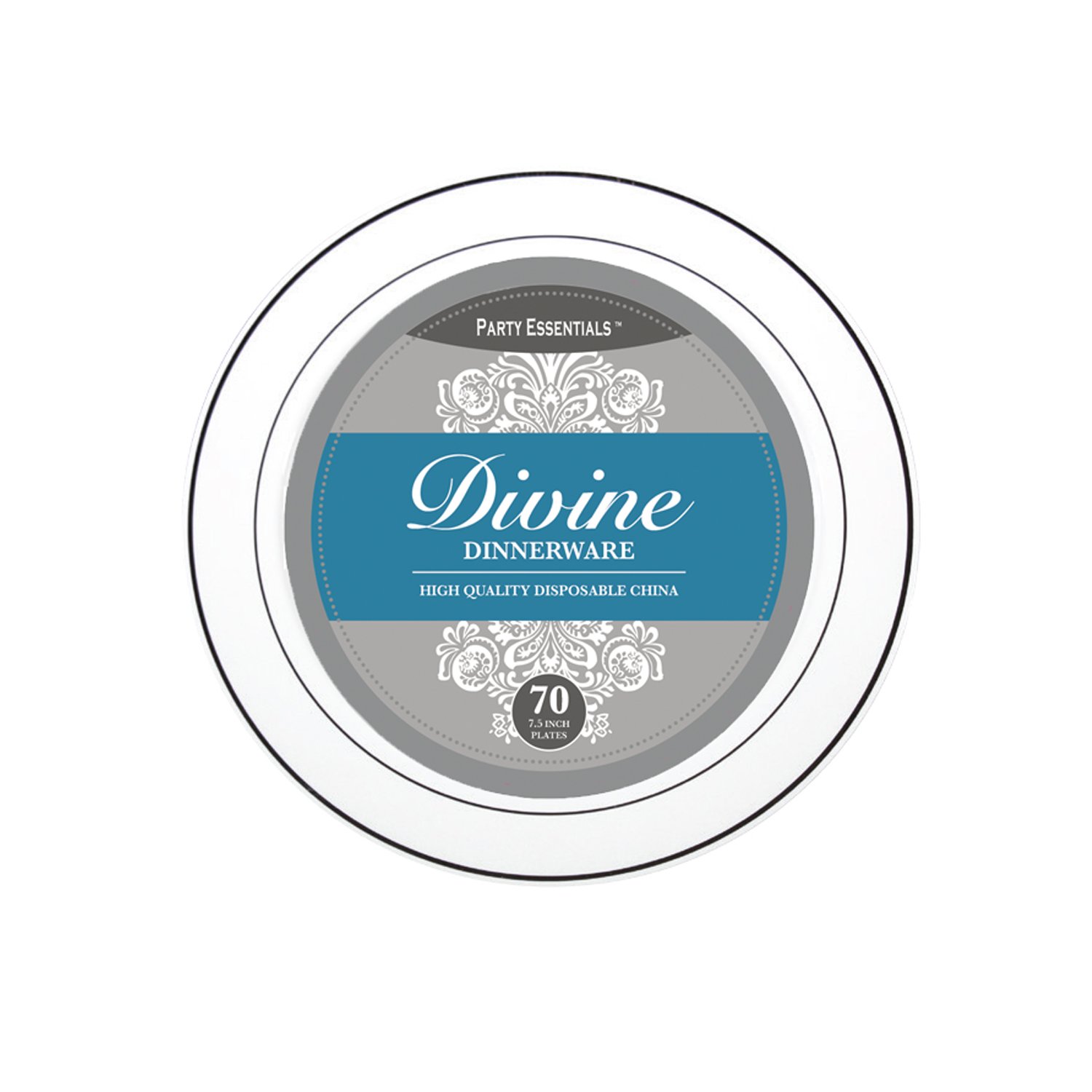 Divine White Plastic Plates with Silver Rim - 7.5 Inch Elegant Disposable Dinner Plates (Pack of 420) - Perfect for Weddings, Parties, Catering & Special Events