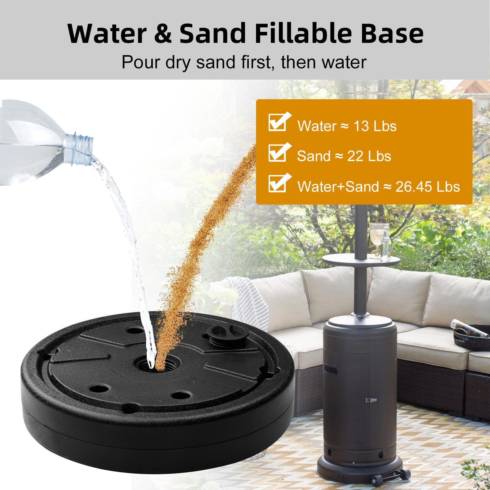Heavy Duty Black Patio Heater Sand Weight Bag - 26.45 lbs Capacity Water/Sand Filler Base for Outdoor Umbrella Heaters | Weatherproof, Universal Fit for Most Patio Heaters | Perfect for Backyard, Deck, Garden & Restaurant Outdoor Heating