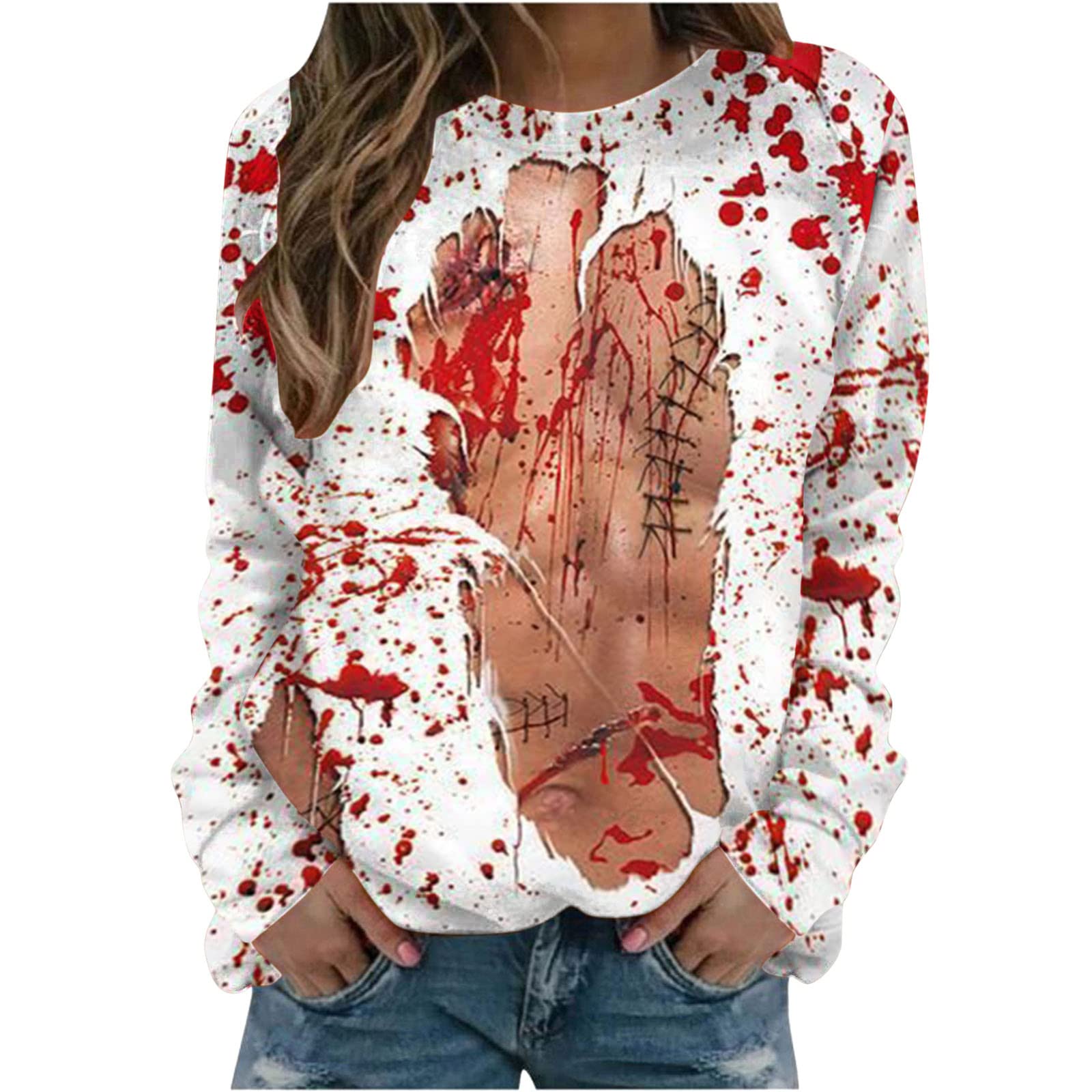 Miximx Women's Halloween Long Sleeve Rose Skull Print T-Shirt - Soft Breathable Blouse for Fall Fashion, Gothic Style & Party Outfits