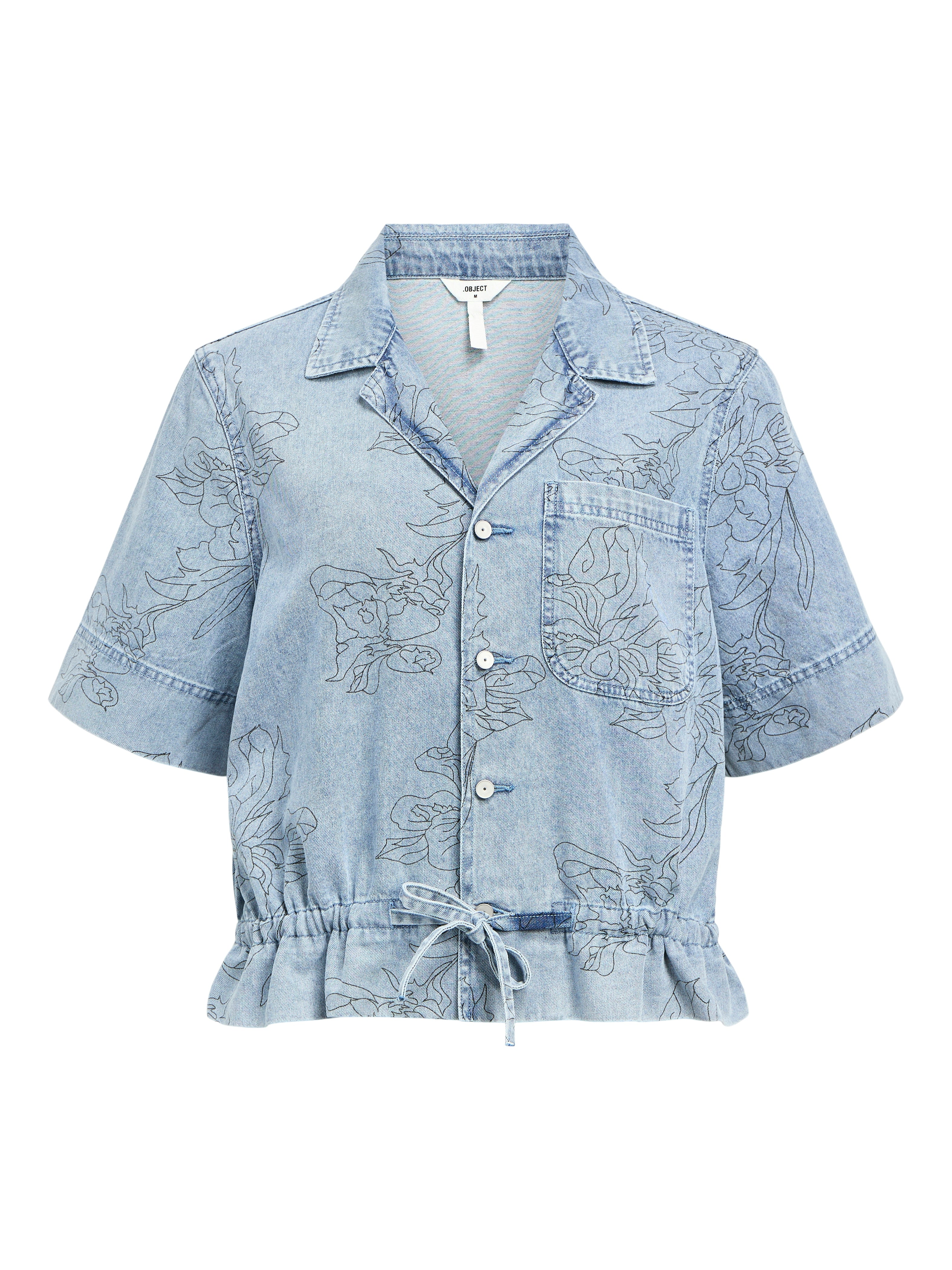 Farah Women's Short Sleeve Printed Denim Shirt - Light Blue & Black Casual Button Up Top for Summer Outfits, Streetwear, and Date Nights