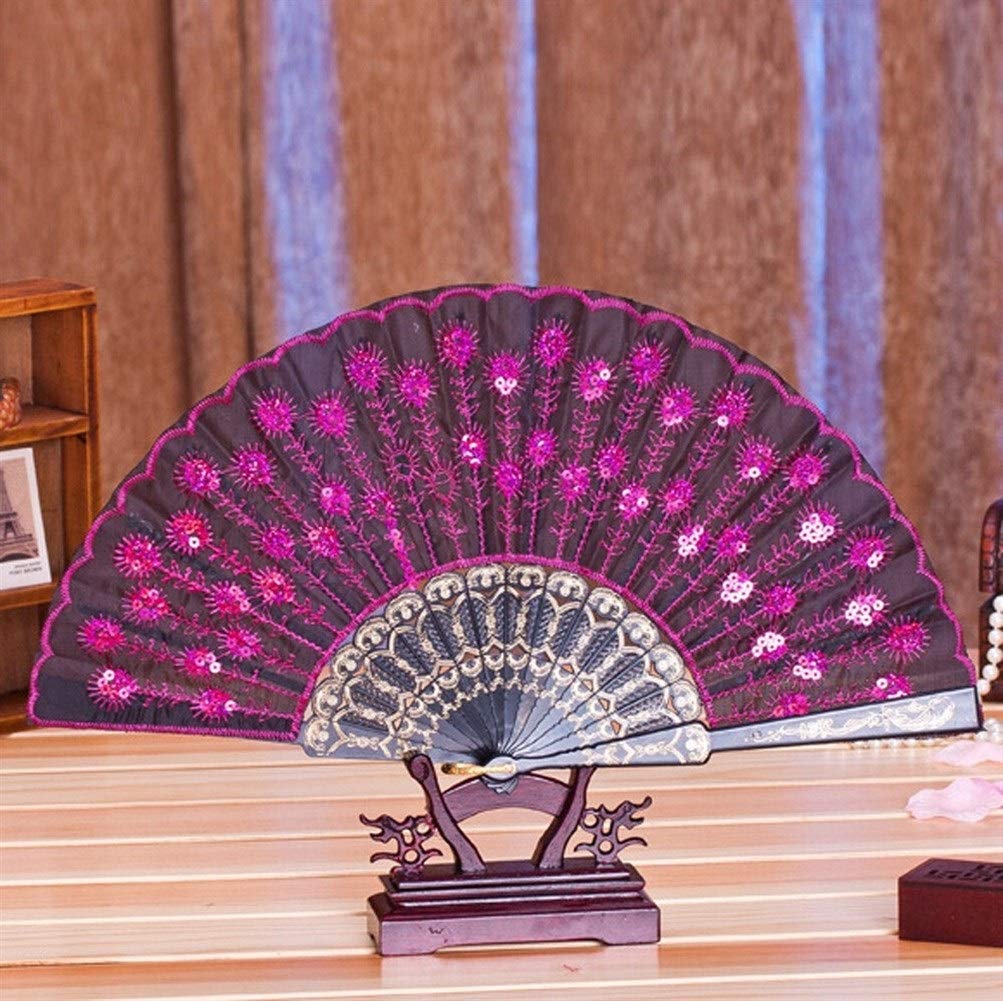 Peacock Pattern Folding Hand Fan - Embroidered Sequin Wedding Party Prom Handheld Fan - Chinese Spanish Style Decorative Fan (Color D) | Perfect for Weddings, Parties, Cultural Events & Home Decor
