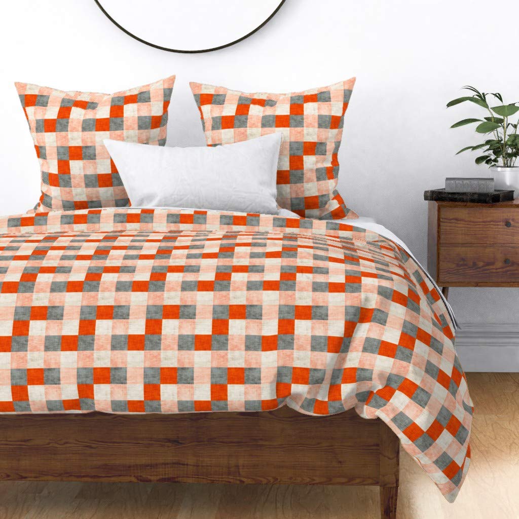 Custom Wild Gingham Orange Grey Coral Rustic Print Cotton Sateen Duvet Cover - Full/Queen Size | Spoonflower Premium Bedding for Cozy Bedroom Decor