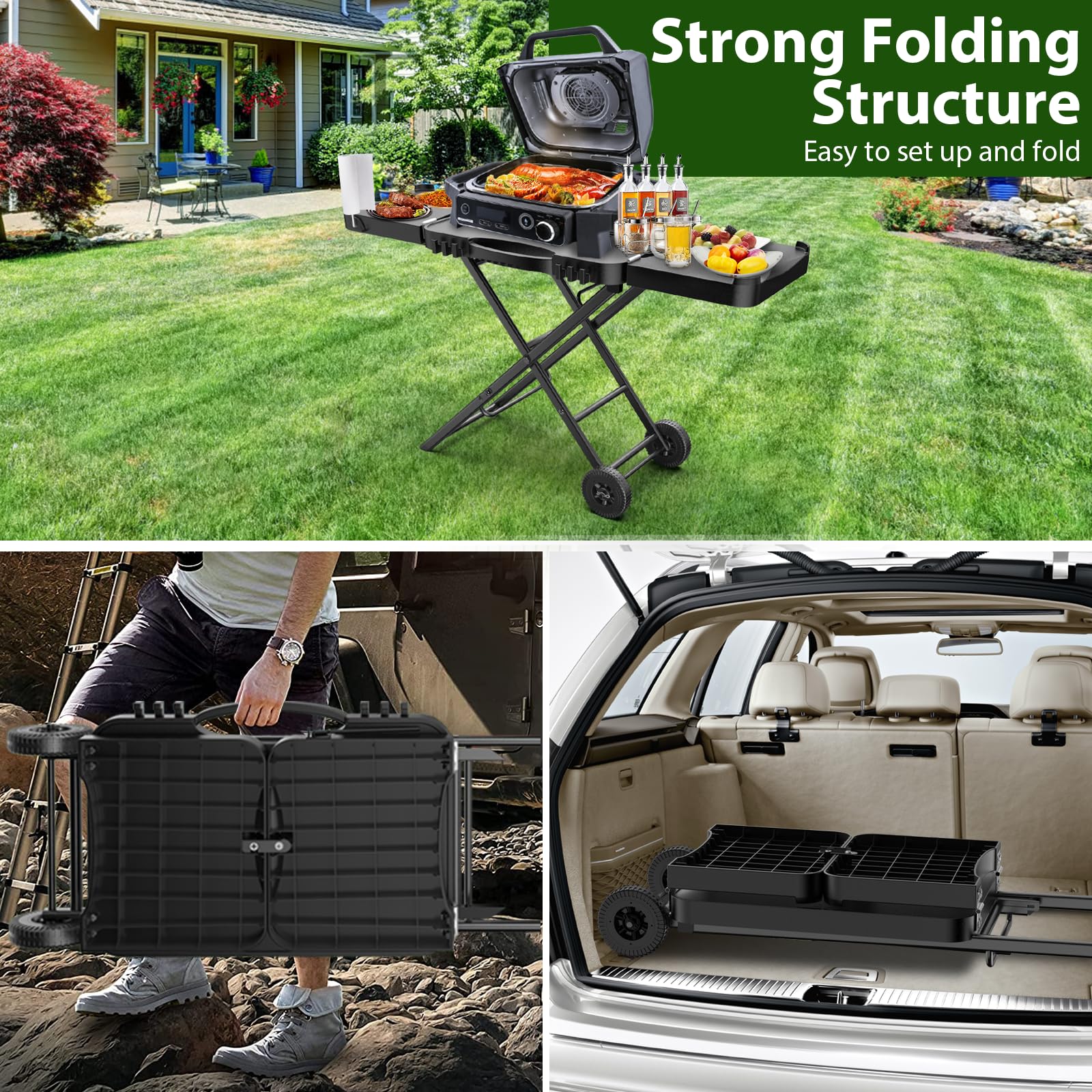 Portable Indoor Grill Table Stand for Ninja Woodfire Outdoor Grill (OG701 OG850 OG951 Series) - 51in Large Folding Camping Tailgating Table with Wheels for Blackstone Griddle, Onni Pizza Oven - Perfect for Backyard BBQ, Tailgate Parties & Outdoor Cooking