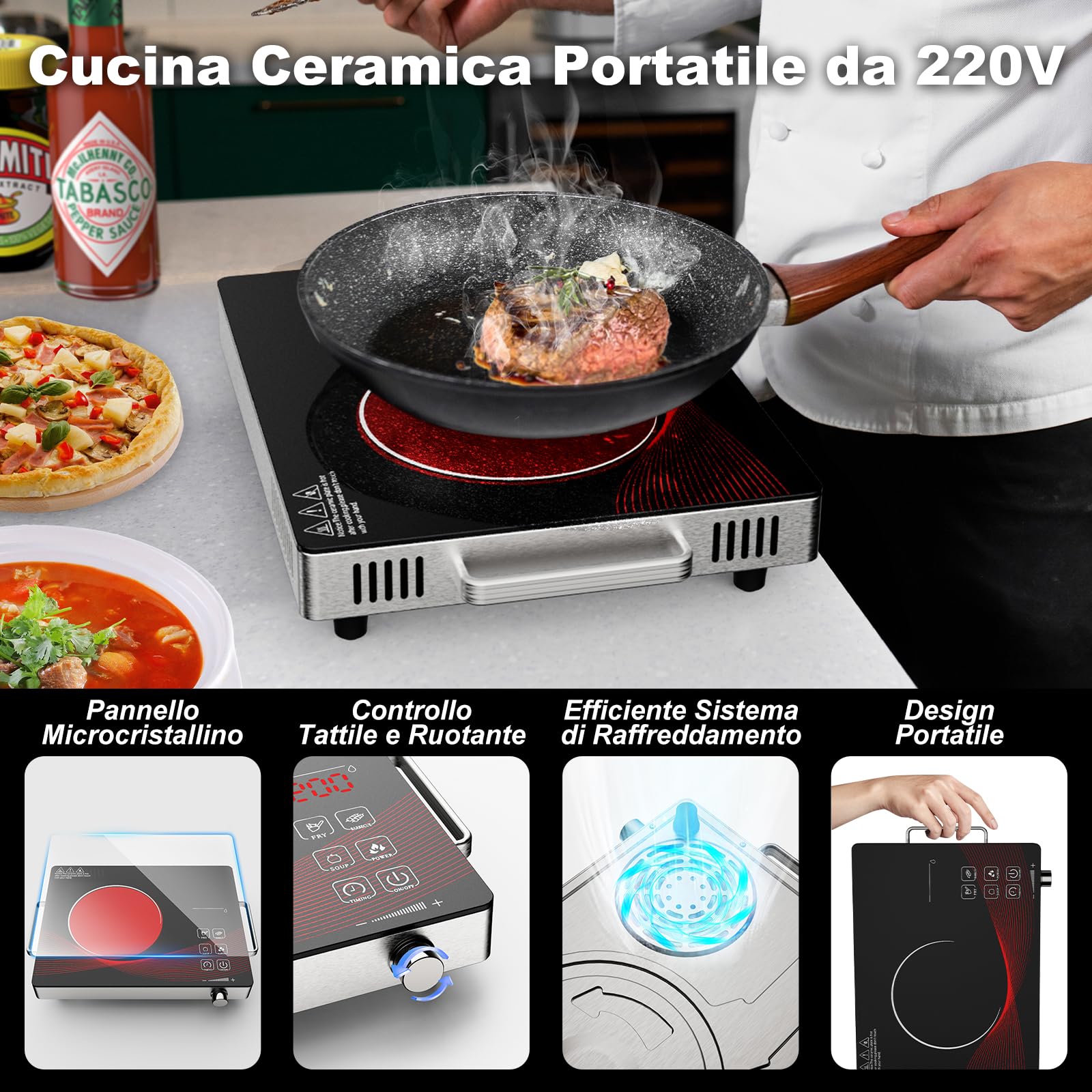 Nardea 3500W Portable Infrared Electric Single Burner, Adjustable Heating Power Ceramic Glass Cooktop with 3-Hour Timer - Perfect for Home, Office, Dorm & Outdoor Cooking