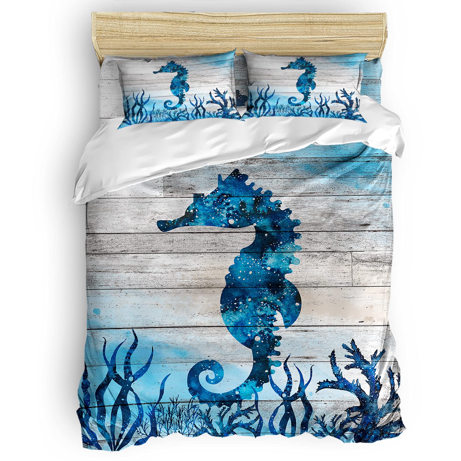 Set of 4 Seahorse Coral Blue Quilt Cover Sets - Extra Soft Full Size Bedding with Pillowcases - Underwater Retro Wooden Stripes Design - Perfect for Coastal Themed Bedrooms & Beach House Decor