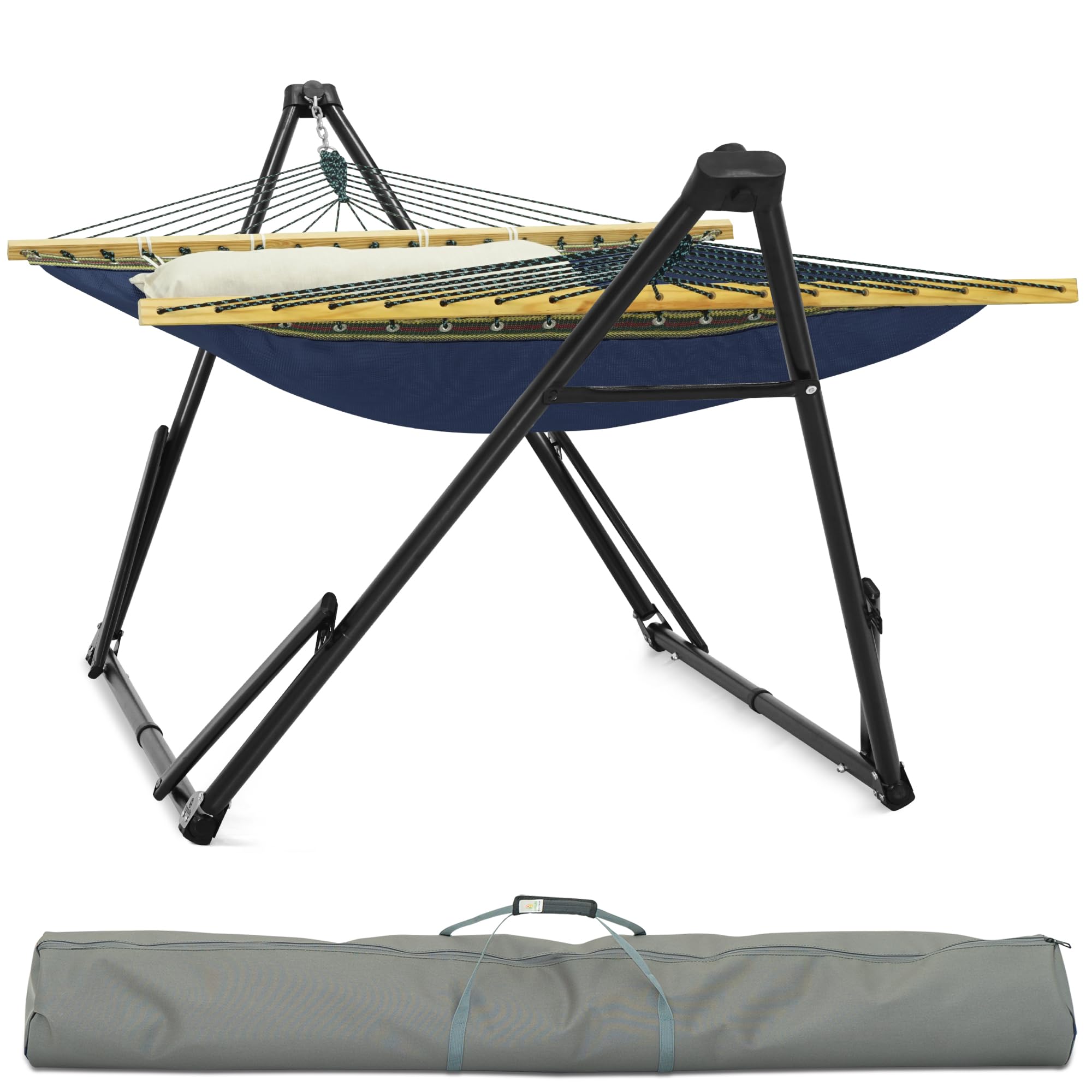 Tranquillo Unity Adjustable Hammock Stand - 800 lbs Capacity Steel Double Hammock Stand for 2 Persons - Premium Pre-Assembled Indoor/Outdoor Hammock Stand in Aegean Blue - Perfect for Backyard Relaxation, Beach Lounging & Camping Comfort