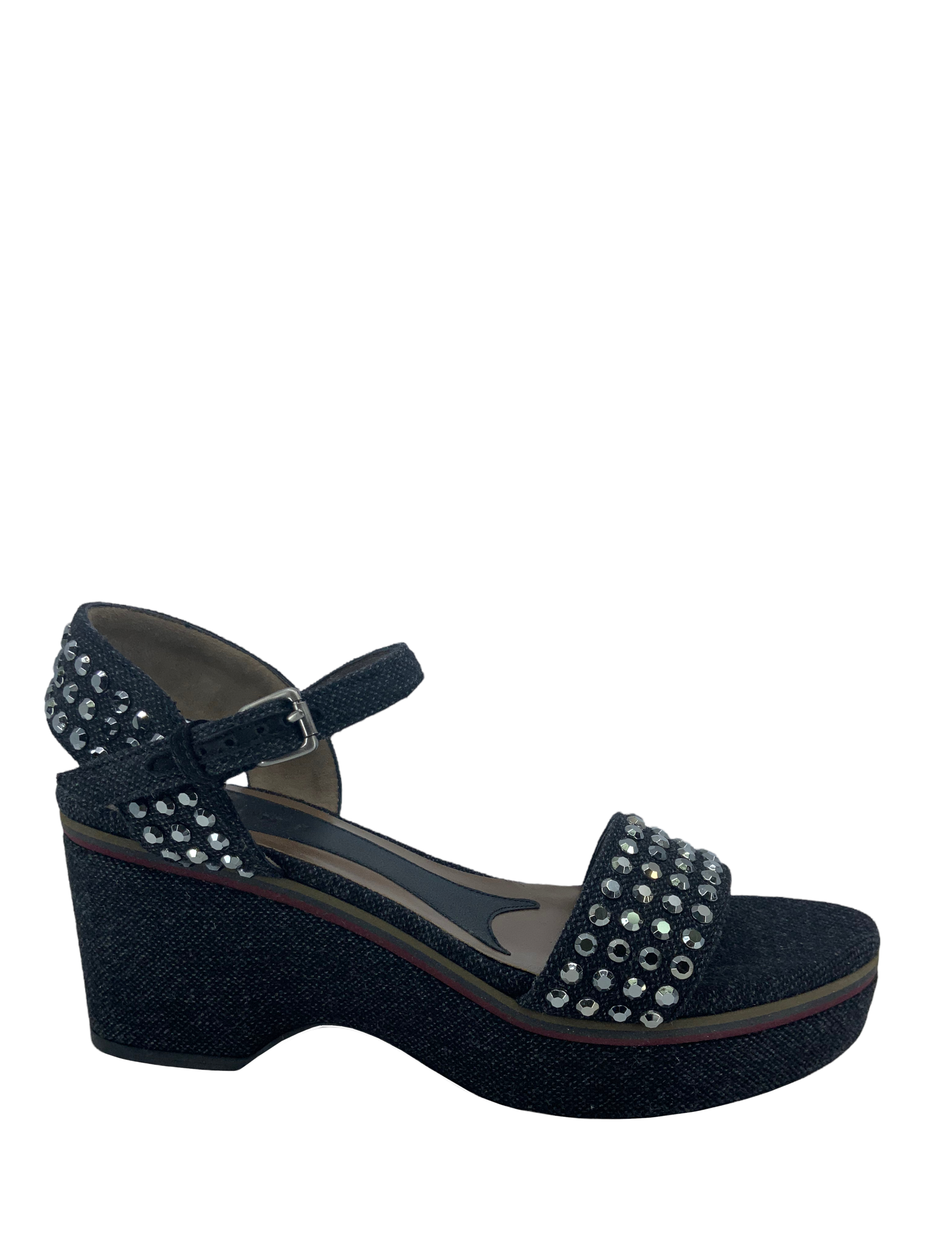 MARNI Studded Denim Ankle Strap Wedge Sandals Women Size 9 | Fashion Designer Shoes for Summer Outfits, Parties & Weddings
